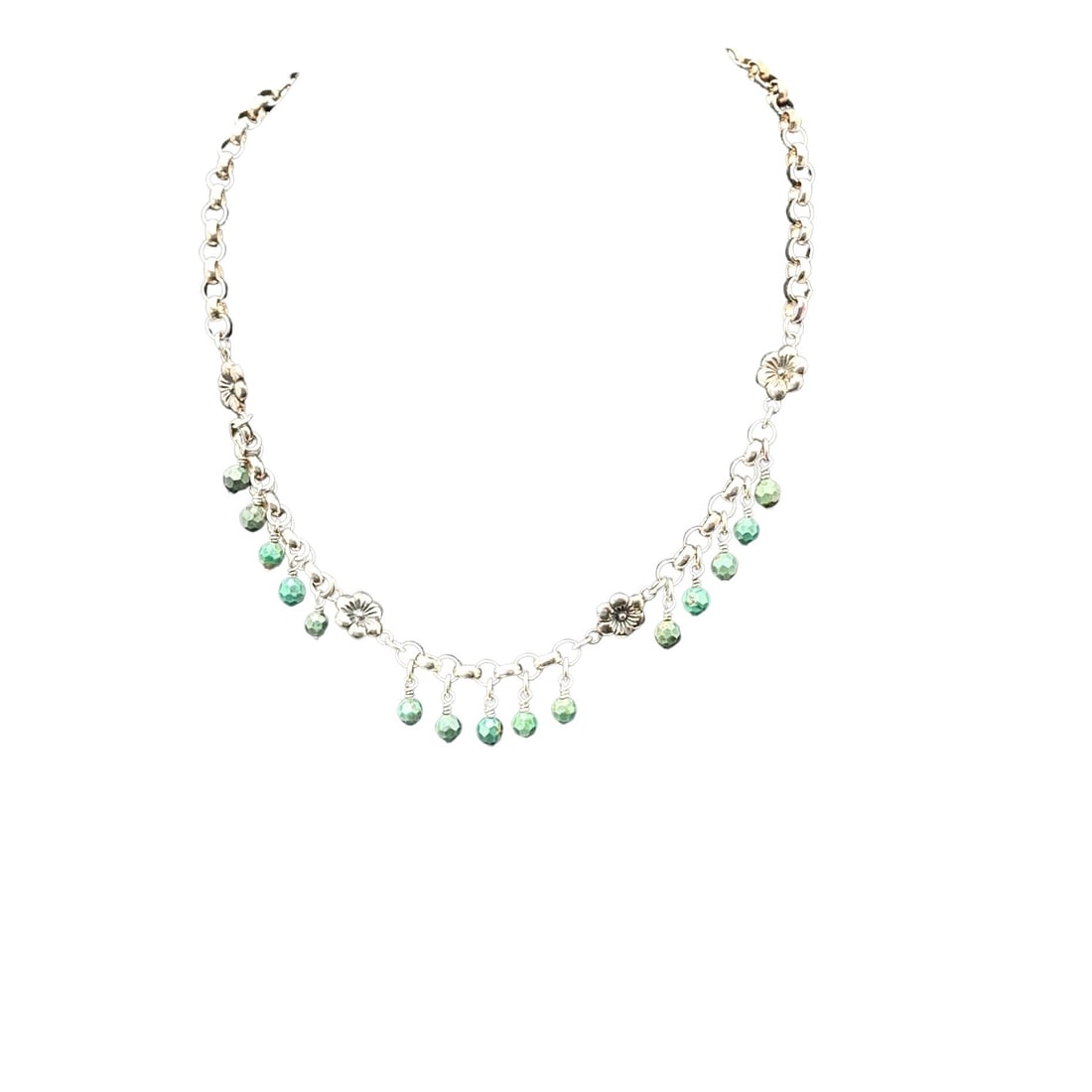 Sterling Silver Green Art Glass Bead Necklace Rolo Link Chain 16 Inch 39 Grams (1 of 3)