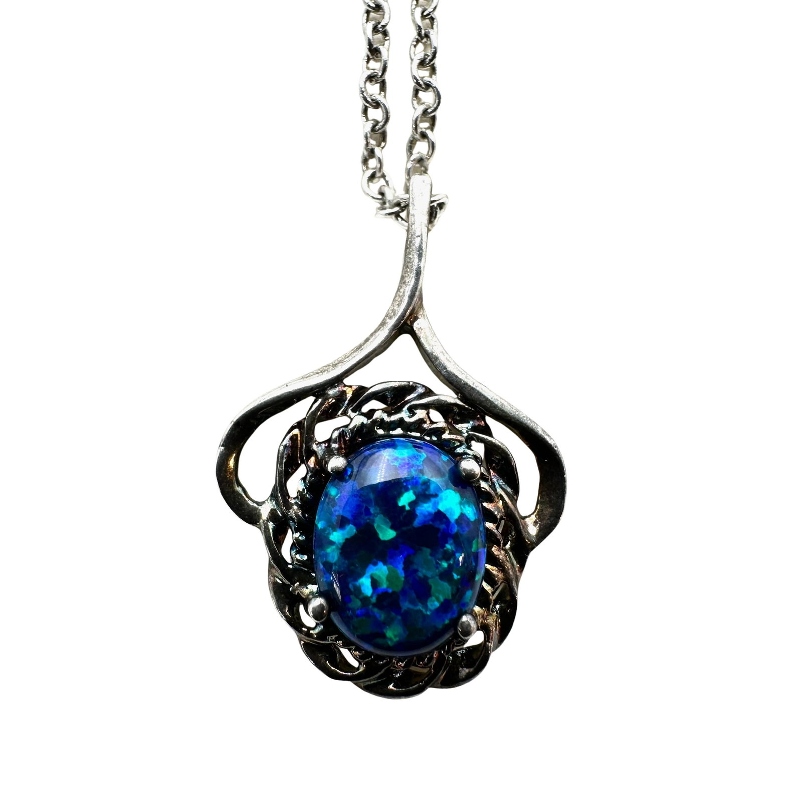 Blue Opal Sterling Silver Pendat Necklace 16 Inch Chain: Blue Opal Sterling Silver Pendat Necklace 16 Inch Chain