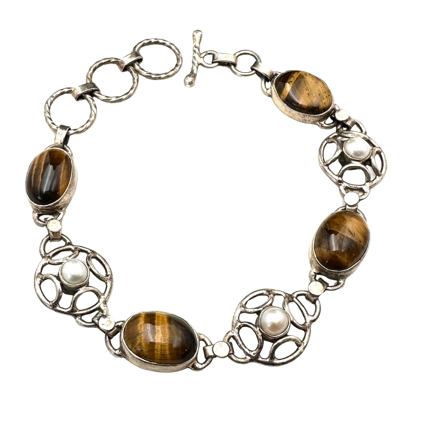Tigers Eye And Pearl Sterling Silver Bracelet Fits Up to 8 Inches 20 Grams: Tigers Eye And Pearl Sterling Silver Bracelet Fits Up to 8 Inches 20 Grams