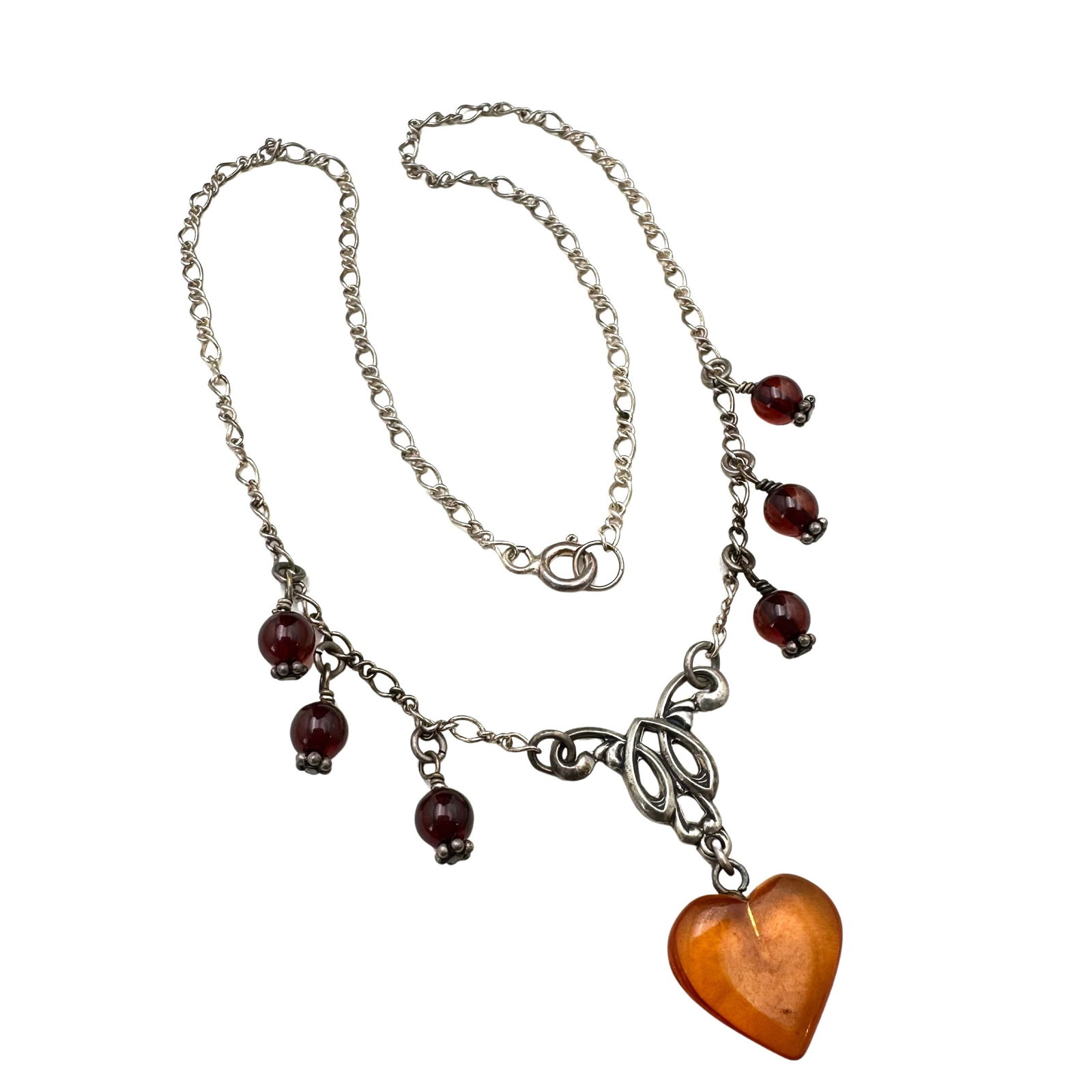 Vintage Sterling Silver Natural Amber Heart Beads Necklace 15 Inch Petite Size: Vintage Sterling Silver Natural Amber Heart Beads Necklace 15 Inch Petite Size