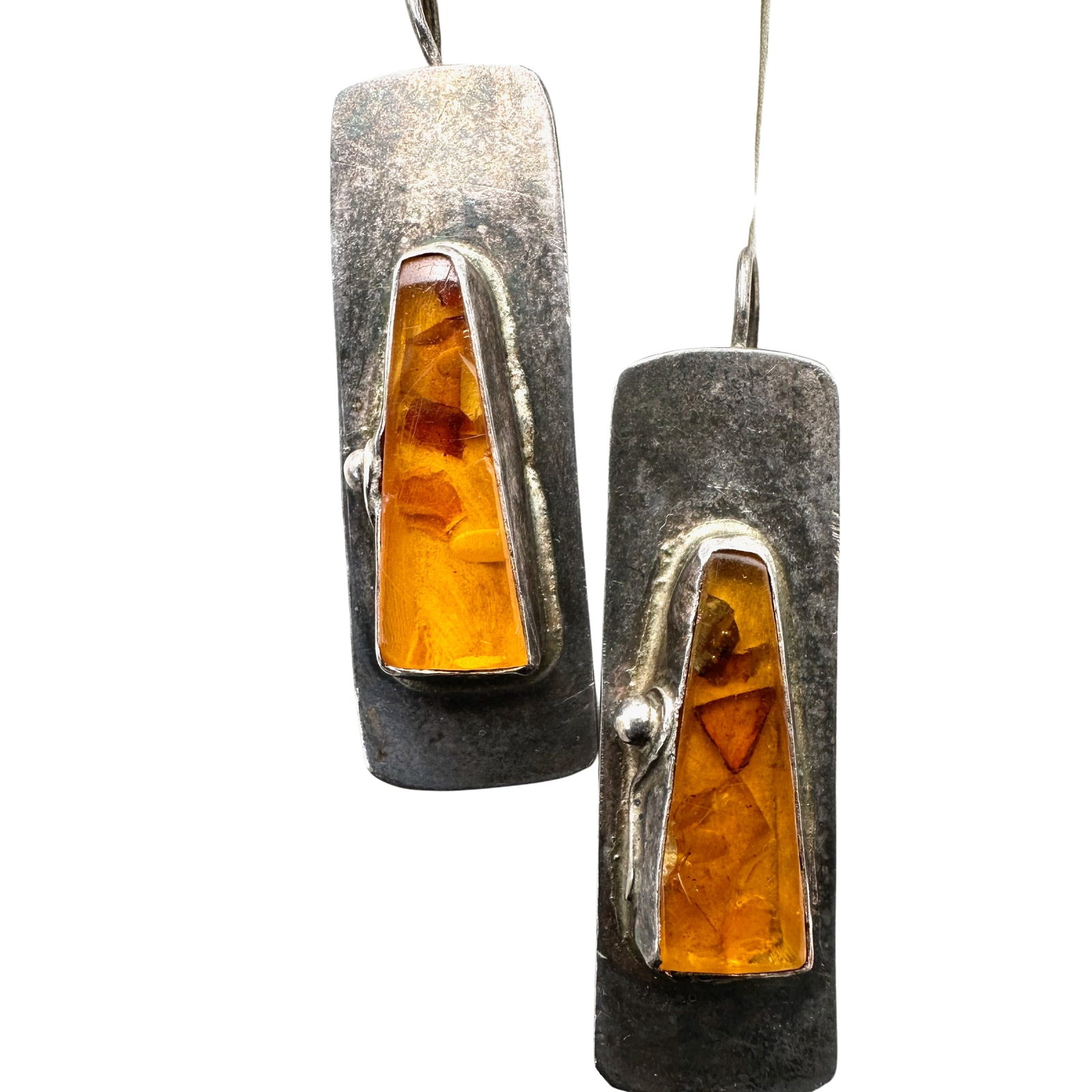 Natural Amber Sterling Silver Brutalist Design Pierced Earrings 2 Inch: Natural Amber Sterling Silver Brutalist Design Pierced Earrings 2 Inch