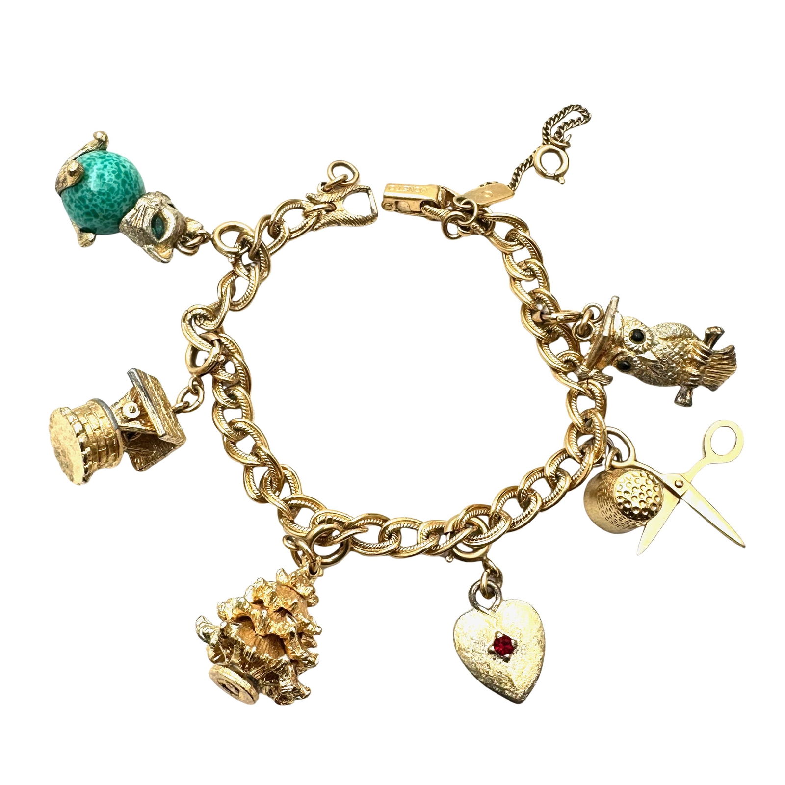 Vintage Gold Tone Charm Bracelet Peking Glass Cat Owl Well Sewing Christmas (1 of 3)