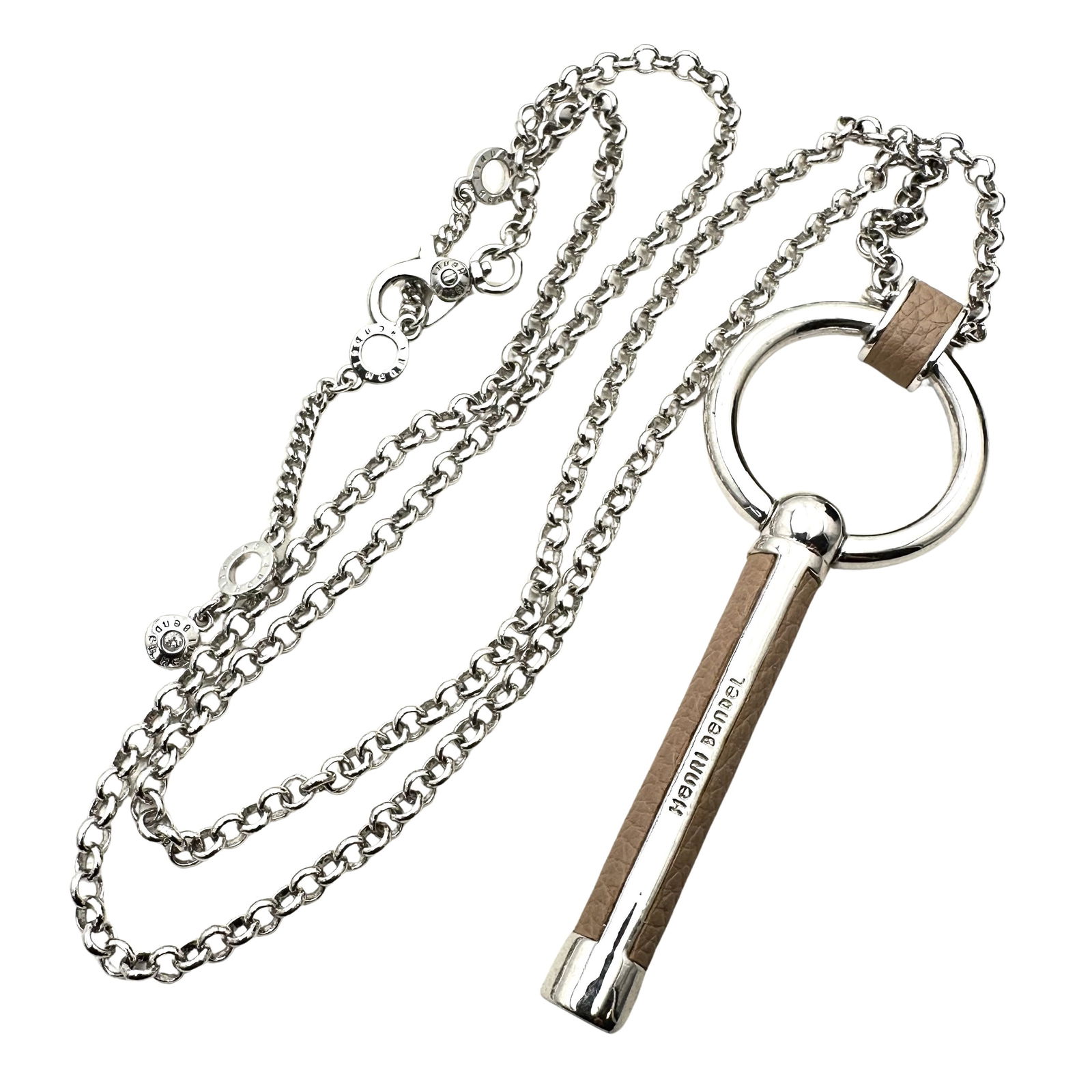 Henri Bendel New York Silver Tone Leather Pendant Necklace 30 Inch Pristine Unworn (1 of 3)