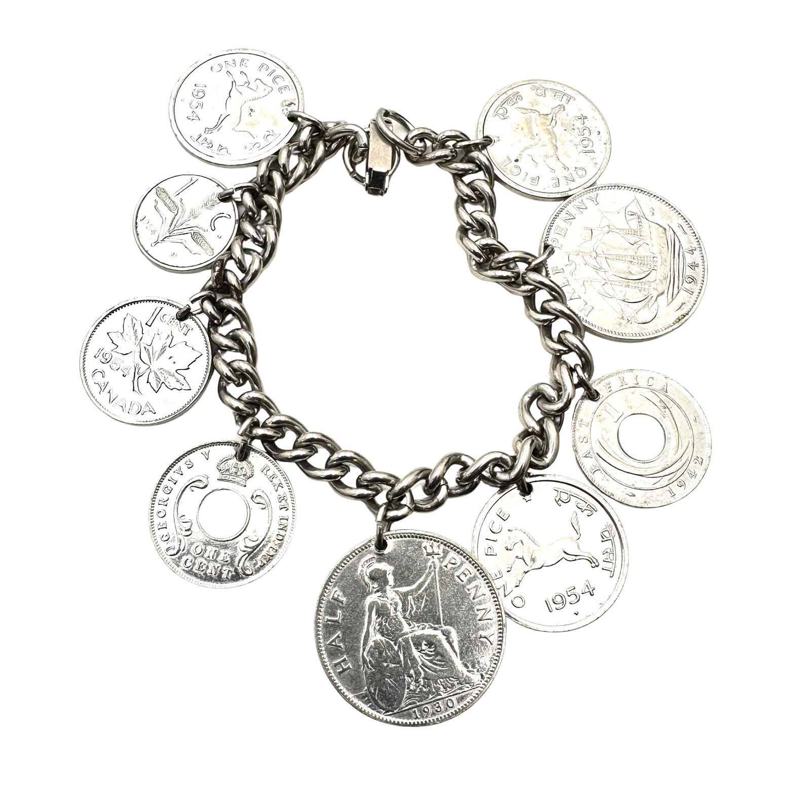 Vintage 1940s 1950s Coin Charm Bracelet Mixed Metals 7 Inch (1 of 3)