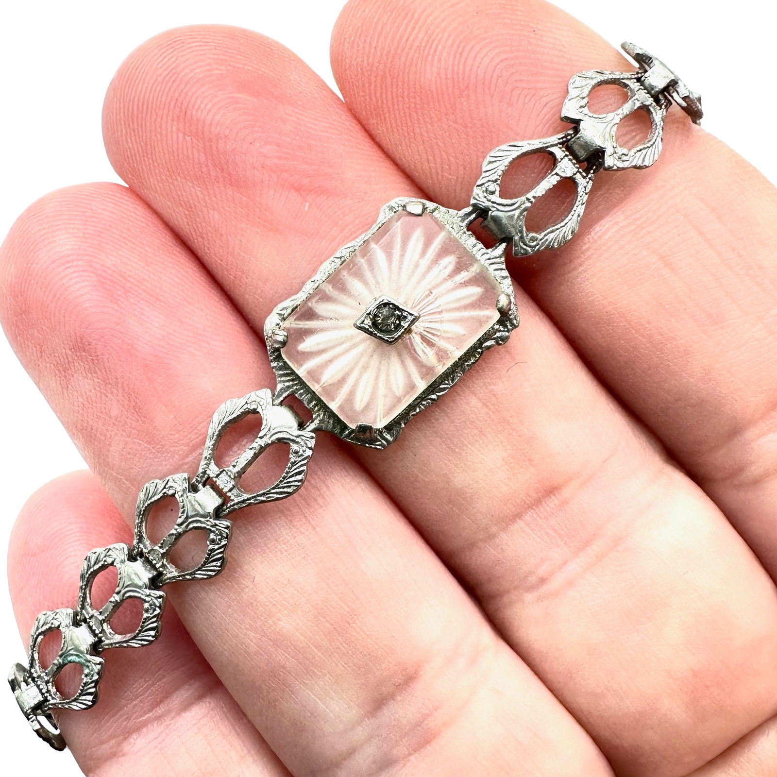 Antique Silver Tone Camphor Glass Bracelet 6 Inch Length Petite (1 of 3)