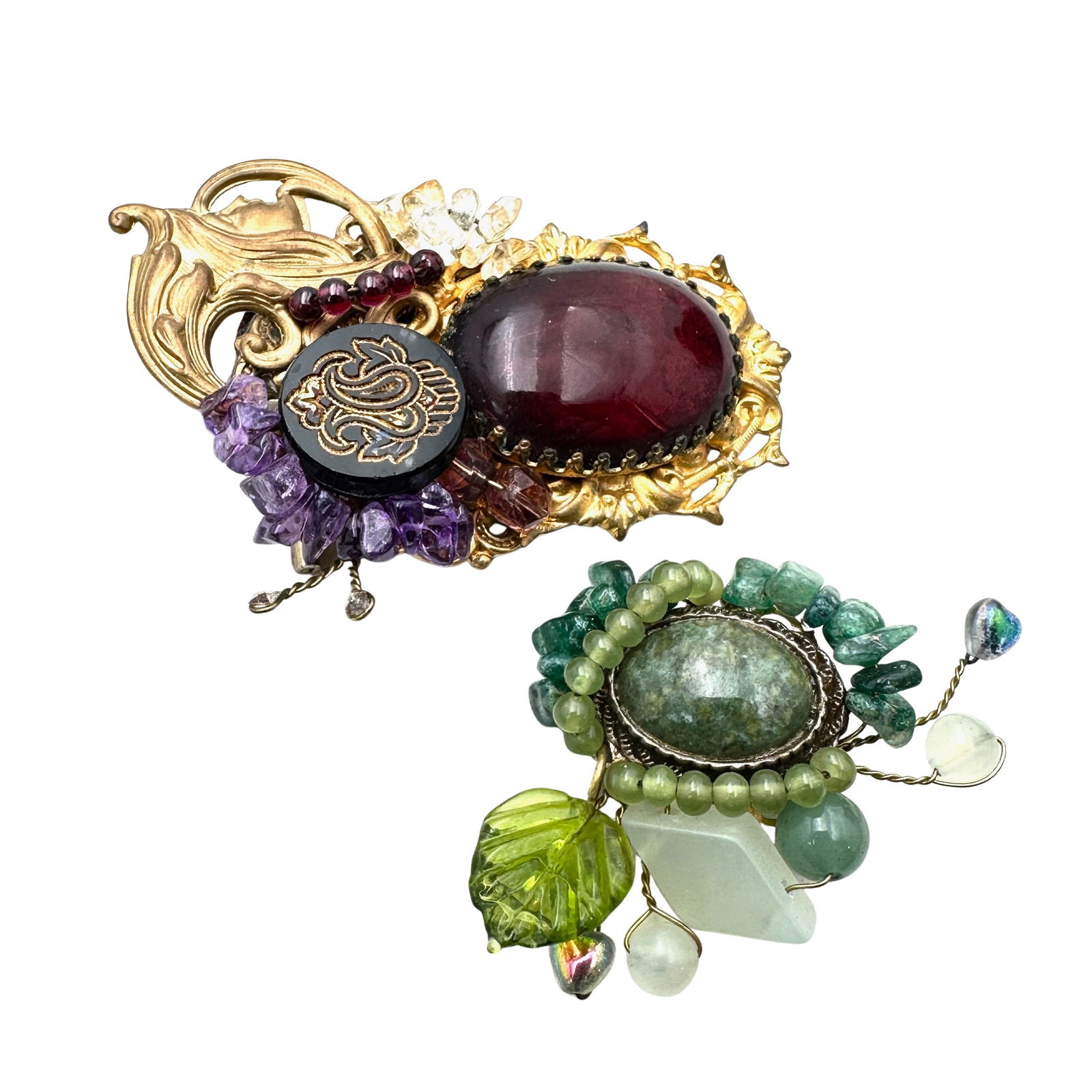 Group of Two Artisan Sarah Jane Mixed Metal Art Glass Brooches Pins (1 of 3)