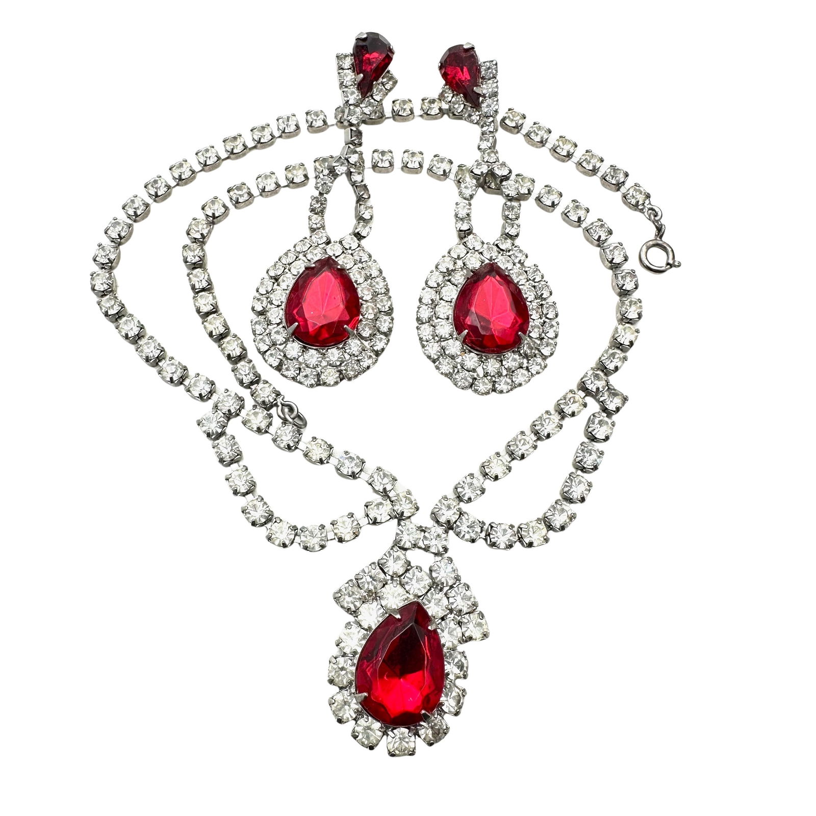Vintage Red Clear Rhinestone Silver Tone Necklace Earrings Set: Vintage Red Clear Rhinestone Silver Tone Necklace Earrings Set