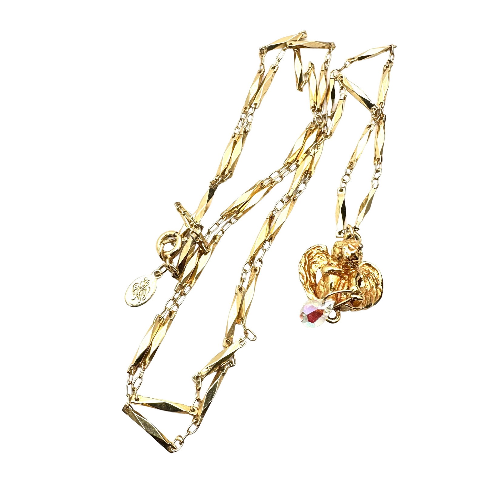 Vintage Kirks Folly Angel Pendant Gold Tone Crystal Necklace: Vintage Kirks Folly Angel Pendant Gold Tone Crystal Necklace