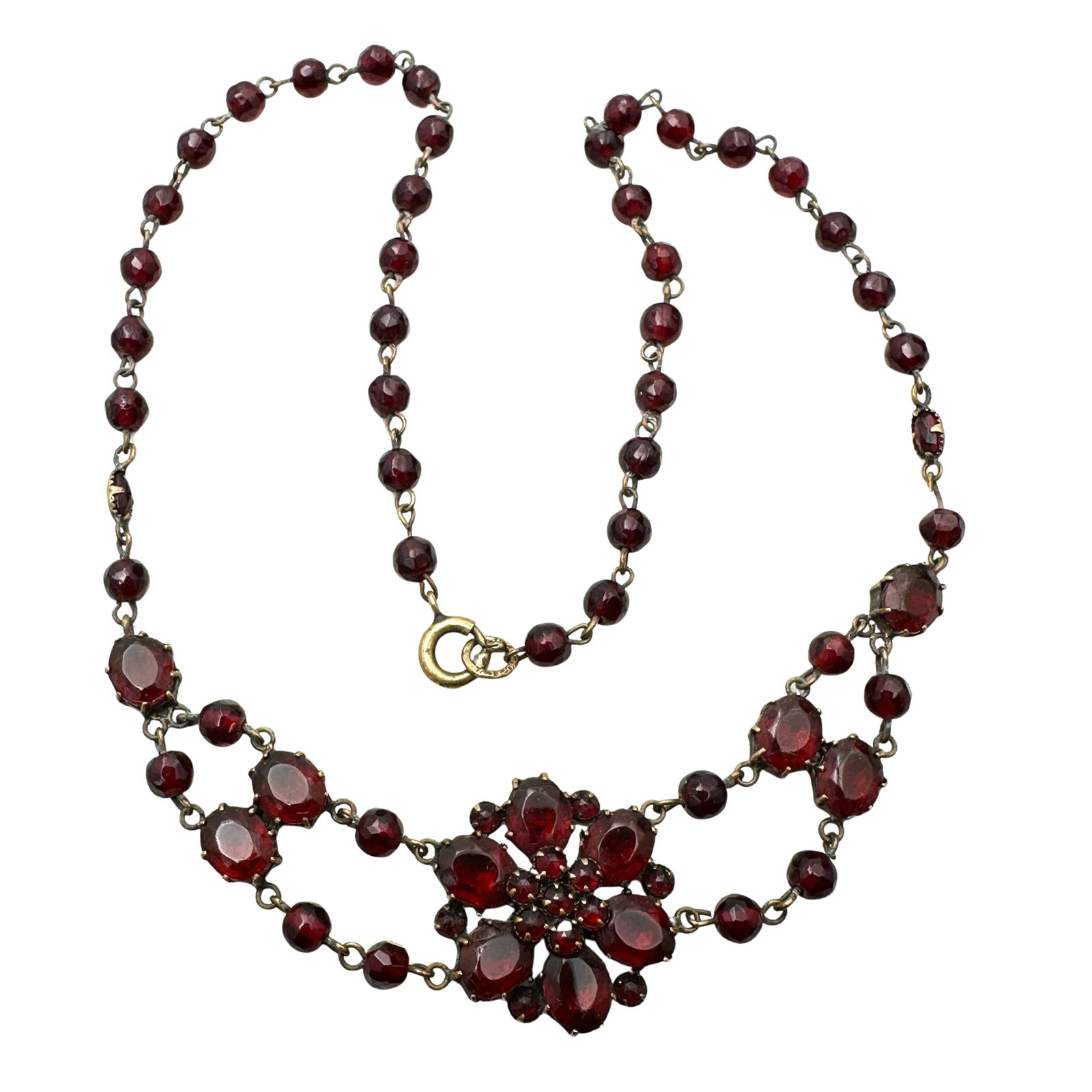 Antique Bohemian Czech Glass Garnet Bronze Necklace 15 Inch Petite Size: Antique Bohemian Czech Glass Garnet Bronze Necklace 15 Inch Petite Size