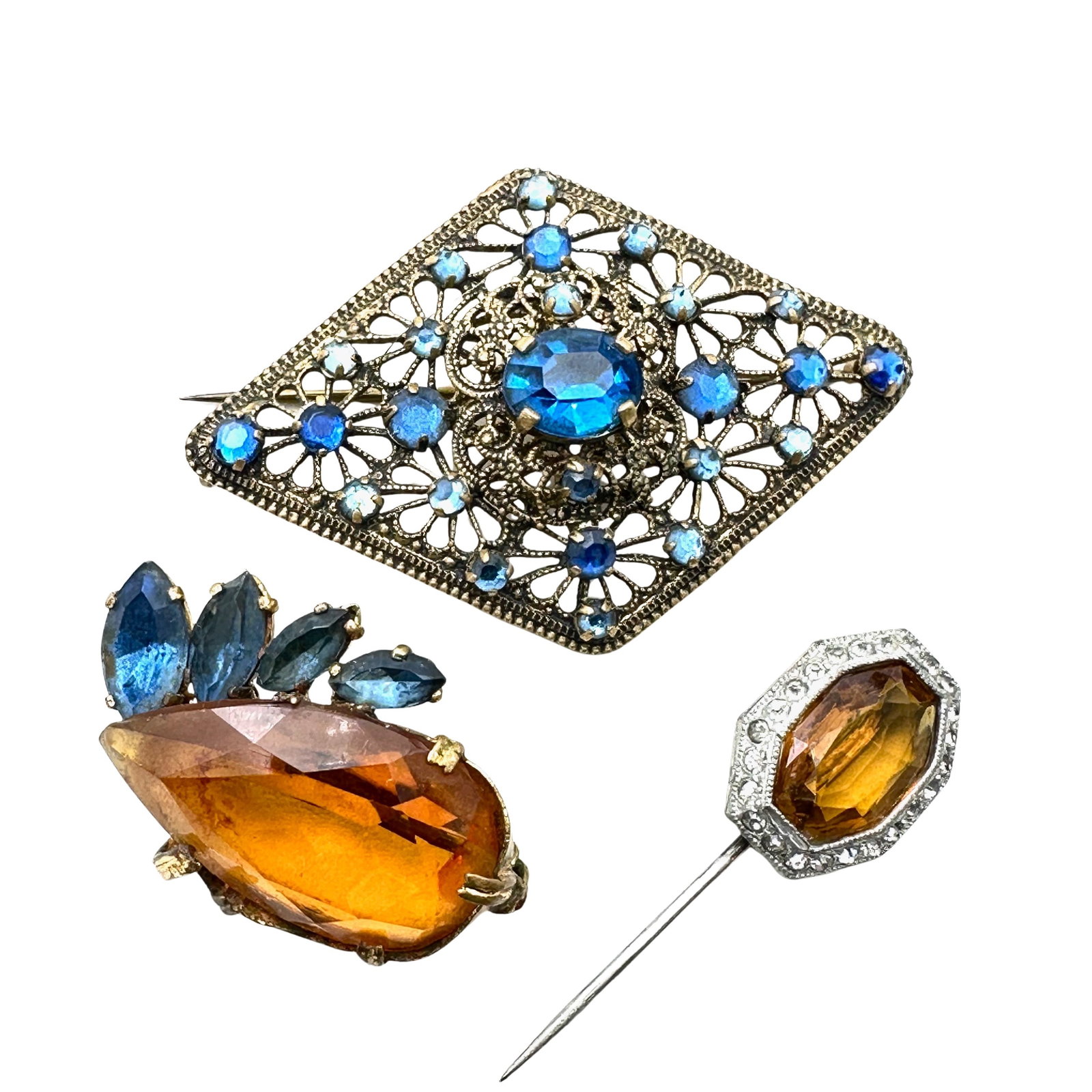 Group of Three Antique Czech Glass Pins Brooches: Group of Three Antique Czech Glass Pins Brooches