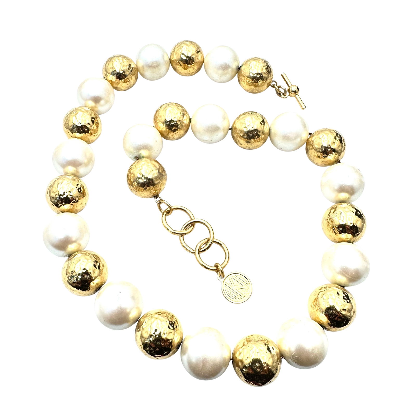 Vintage Anne Klein Faux Pearl Hammered Gold Tone Bead Necklace 16 to 18 Inch: Vintage Anne Klein Faux Pearl Hammered Gold Tone Bead Necklace 16 to 18 Inch
