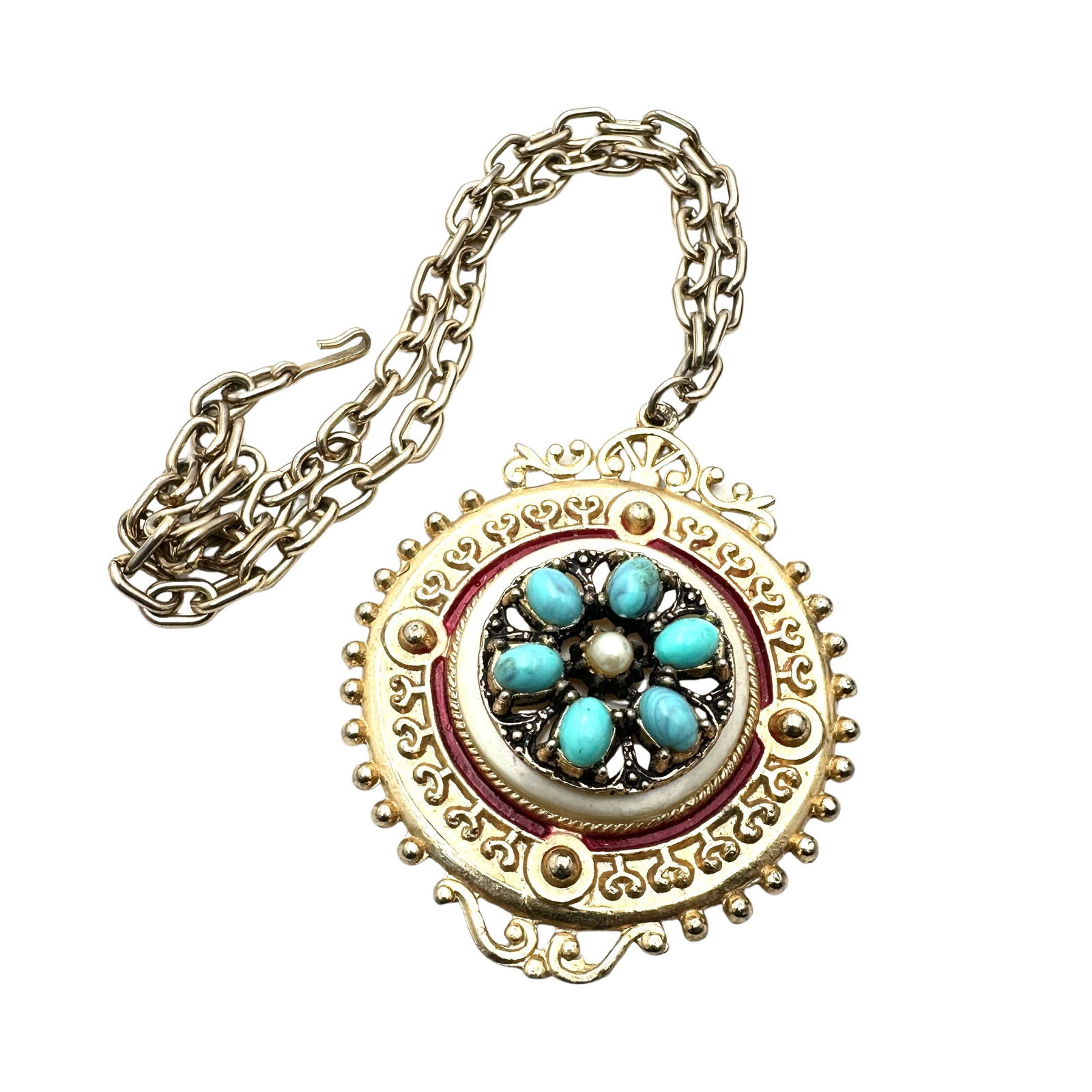 Vintage Gold Tone Large Pendant Necklace Turquoise Lucite Cabochons: Vintage Gold Tone Large Pendant Necklace Turquoise Lucite Cabochons