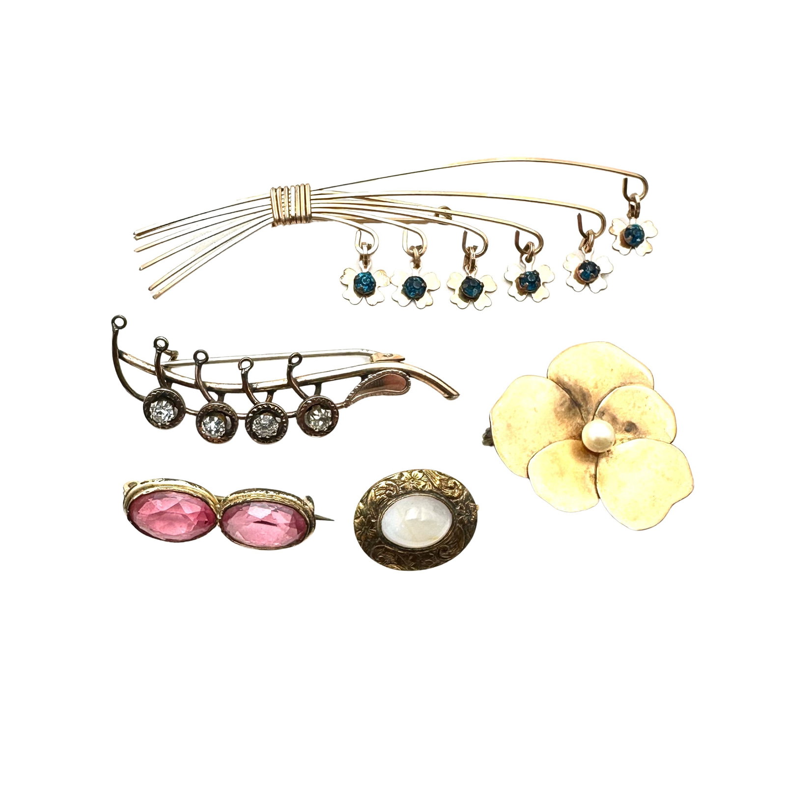 Vintage Group of Gold Filled Brooches Glass Rhinestones Flowers: Vintage Group of Gold Filled Brooches Glass Rhinestones Flowers