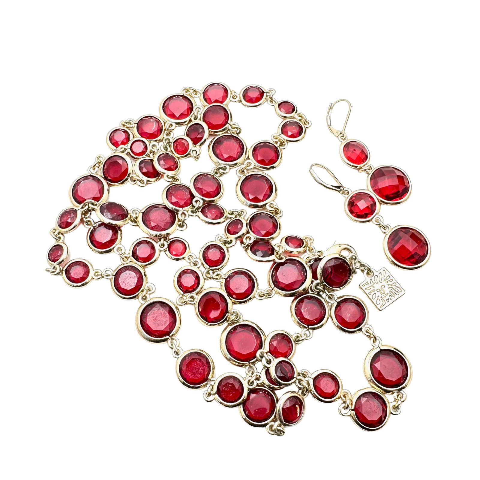Vintage Anne Klein Red Bezel Set Crystal Gold Tone Necklace Earrings Set: Vintage Anne Klein Red Bezel Set Crystal Gold Tone Necklace Earrings Set