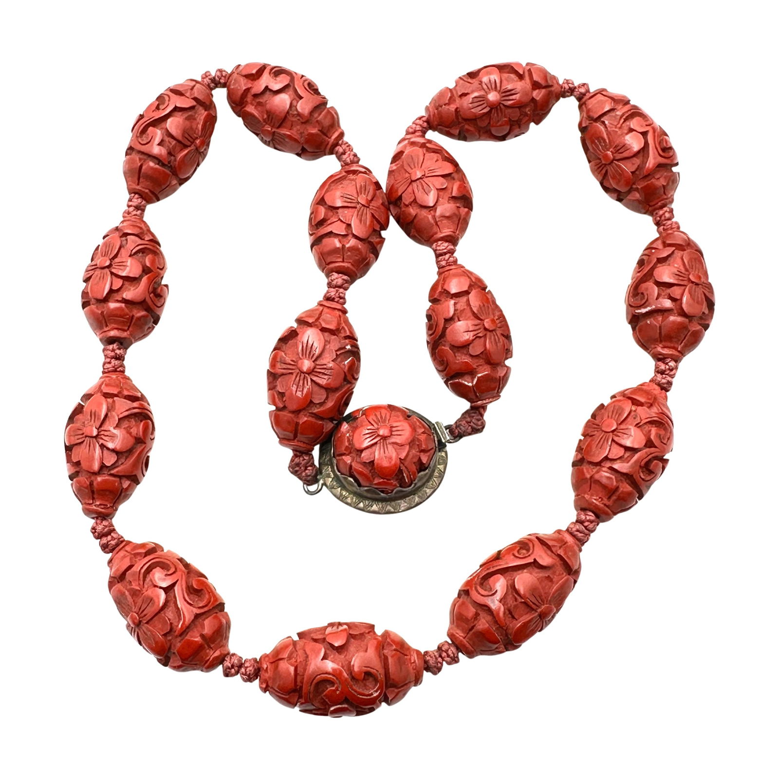 Vintage Chinese Export Cinnabar Bead Sterling Silver Clasp Necklace 16 Inch: Vintage Chinese Export Cinnabar Bead Sterling Silver Clasp Necklace 16 Inch