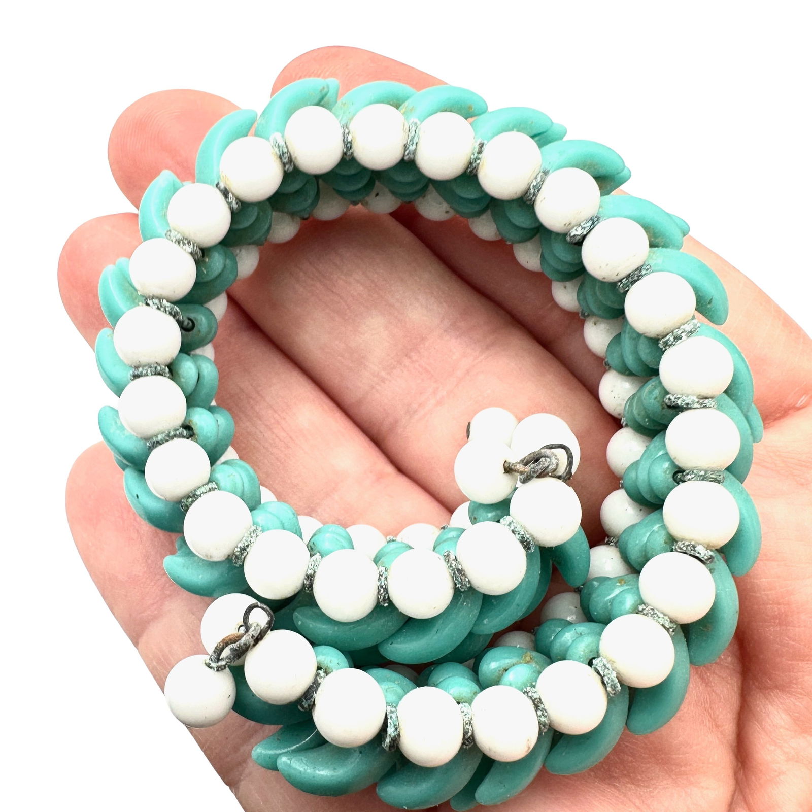 Vintage Unusual Turquoise White Glass Bead Coil Bracelet (1 of 3)