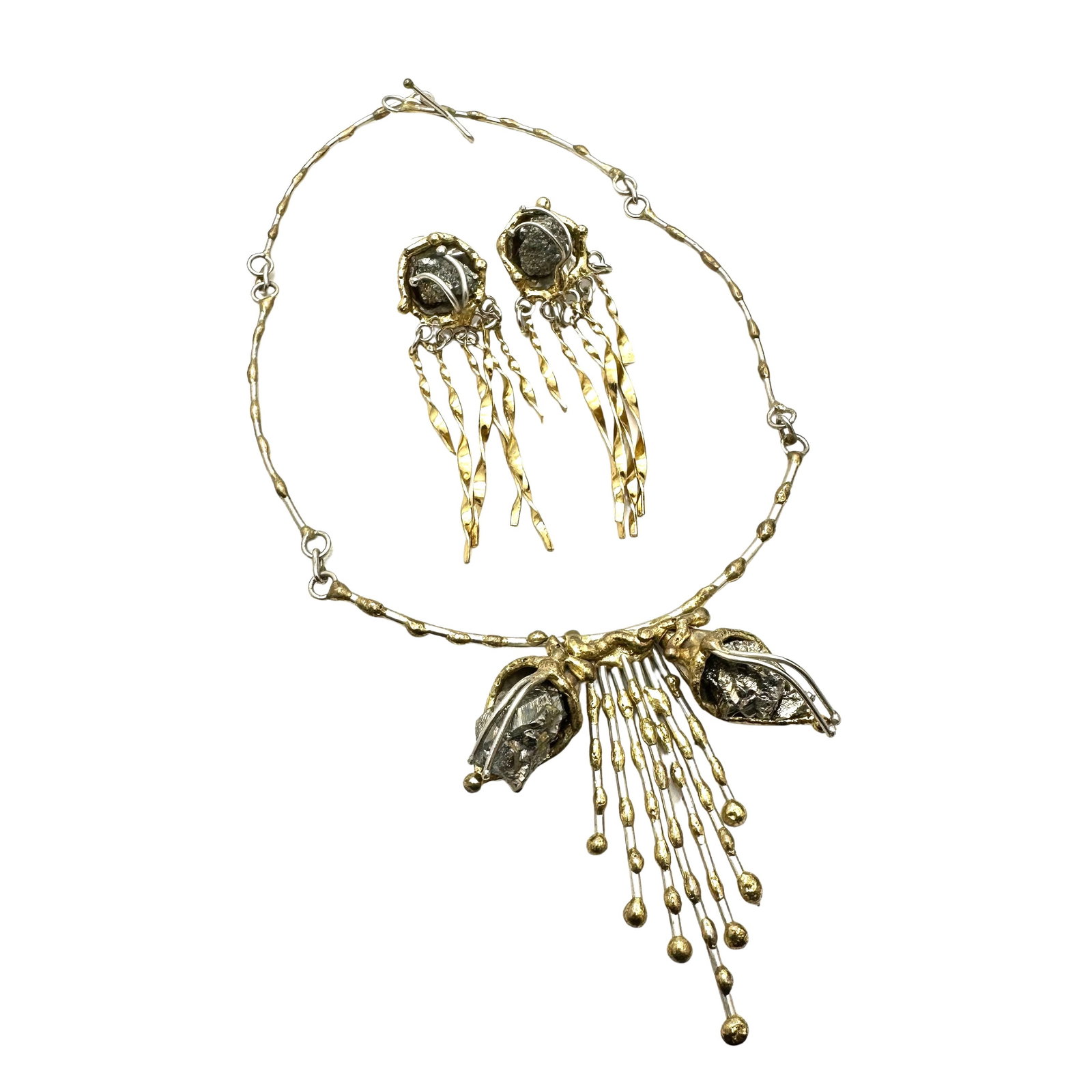 Vintage Brutalist Necklace Pierced Earrings Set Mixed Metal Gemstone (1 of 3)