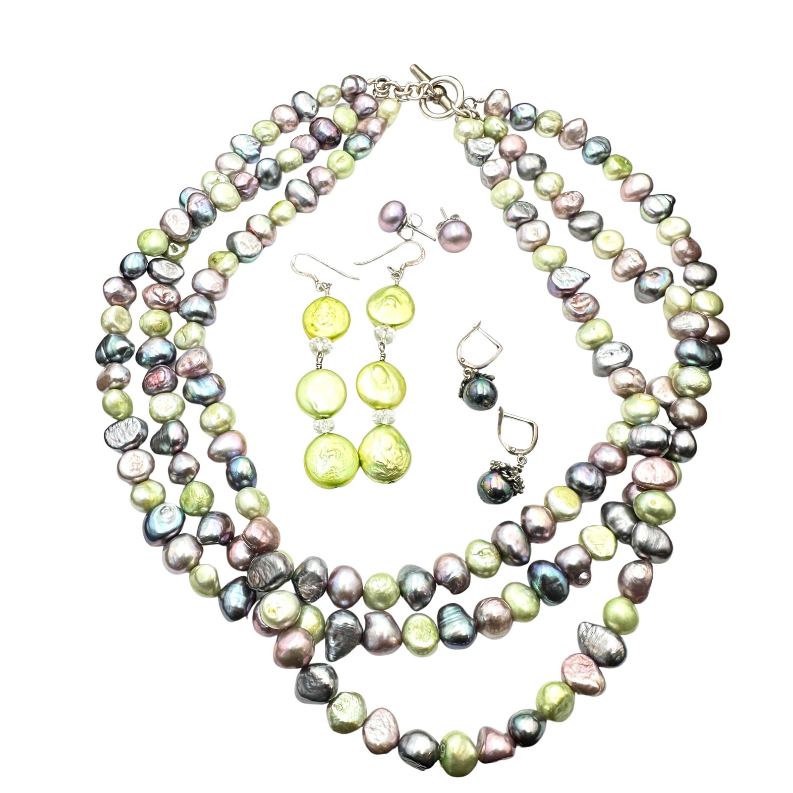 Jewelry Group Sterling Silver Green Purple Freshwater Pearl Necklace Pierced Earrings: Jewelry Group Sterling Silver Green Purple Freshwater Pearl Necklace Pierced Earrings