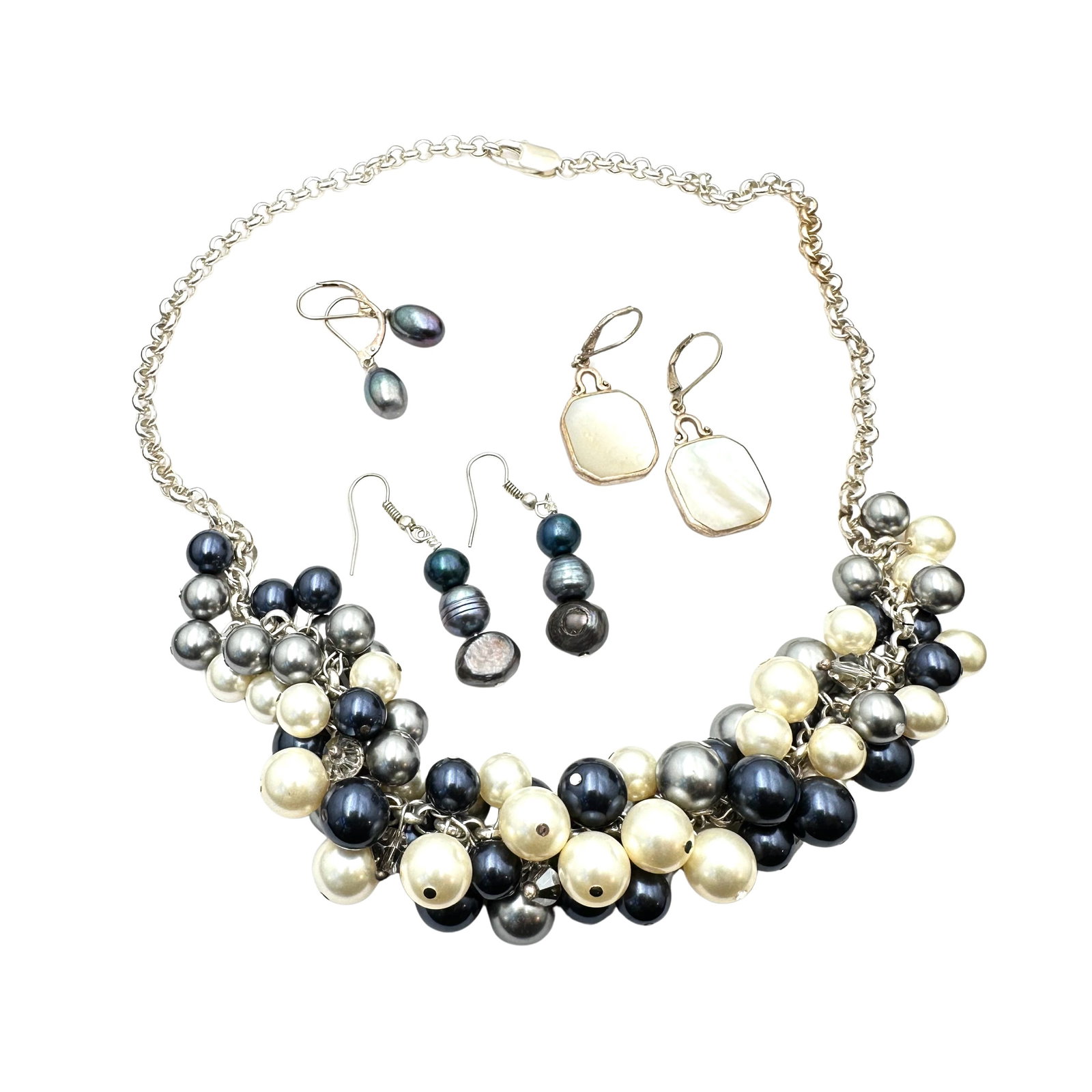 Jewelry Group Sterling Silver Cha Cha Pearl Necklace 2 Pair Pierced Earrings: Jewelry Group Sterling Silver Cha Cha Pearl Necklace 2 Pair Pierced Earrings