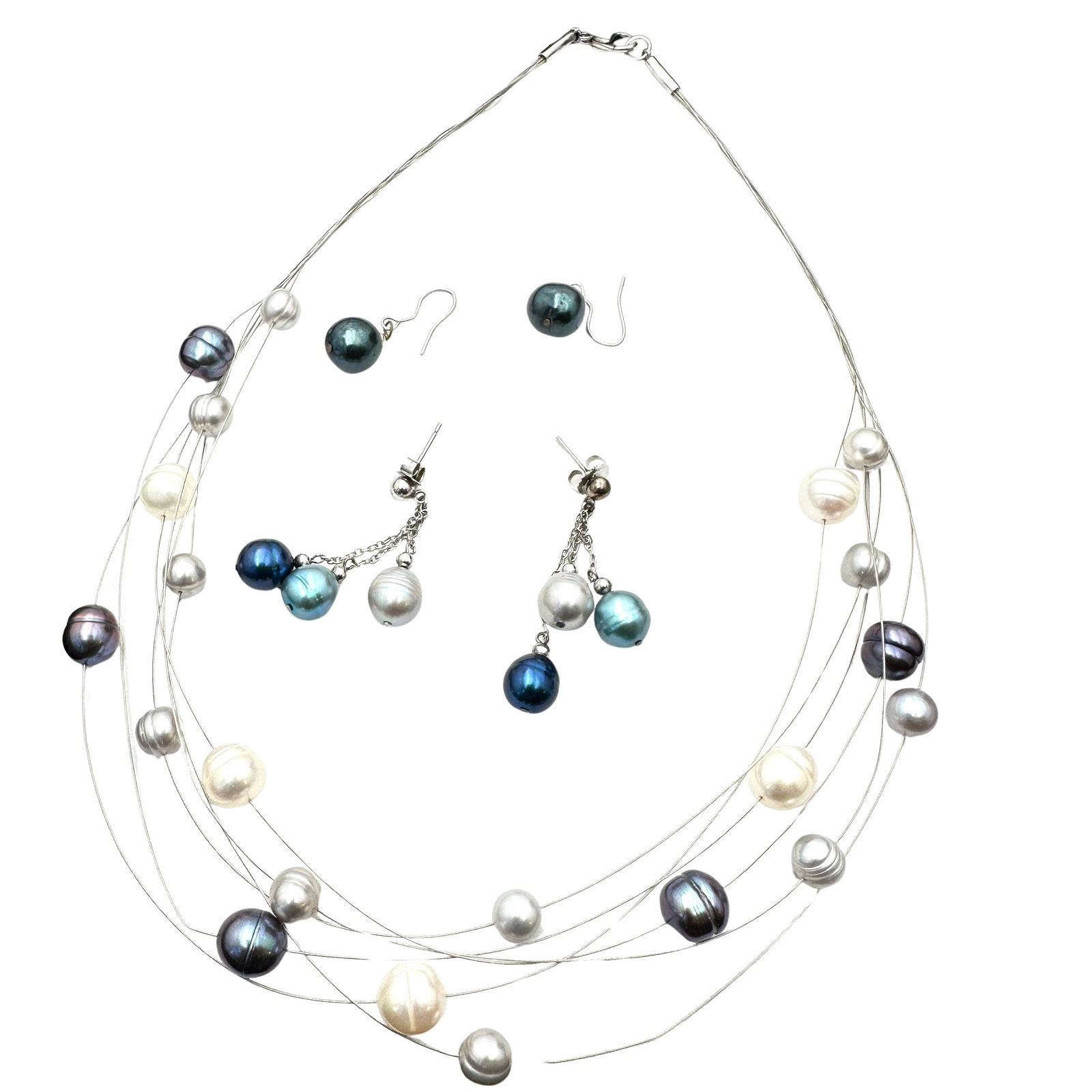 Jewelry Group Honora Sterling Silver Floating Pearl Necklace Pierced Earrings: Jewelry Group Honora Sterling Silver Floating Pearl Necklace Pierced Earrings