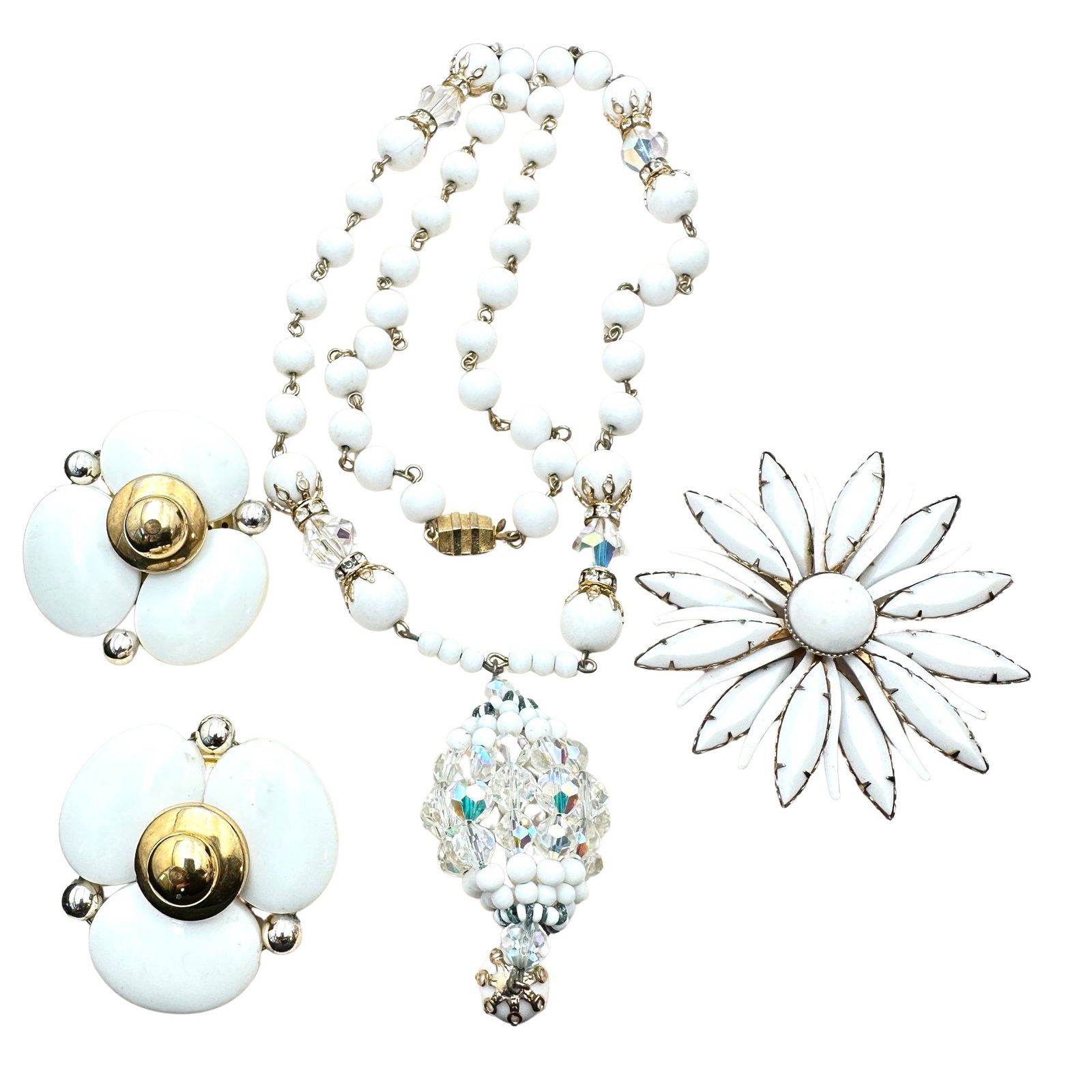 Jewelry Group Vintage White Milk Glass Rhinestone Brooch Crystal Necklace Earrings: Jewelry Group Vintage White Milk Glass Rhinestone Brooch Crystal Necklace Earrings