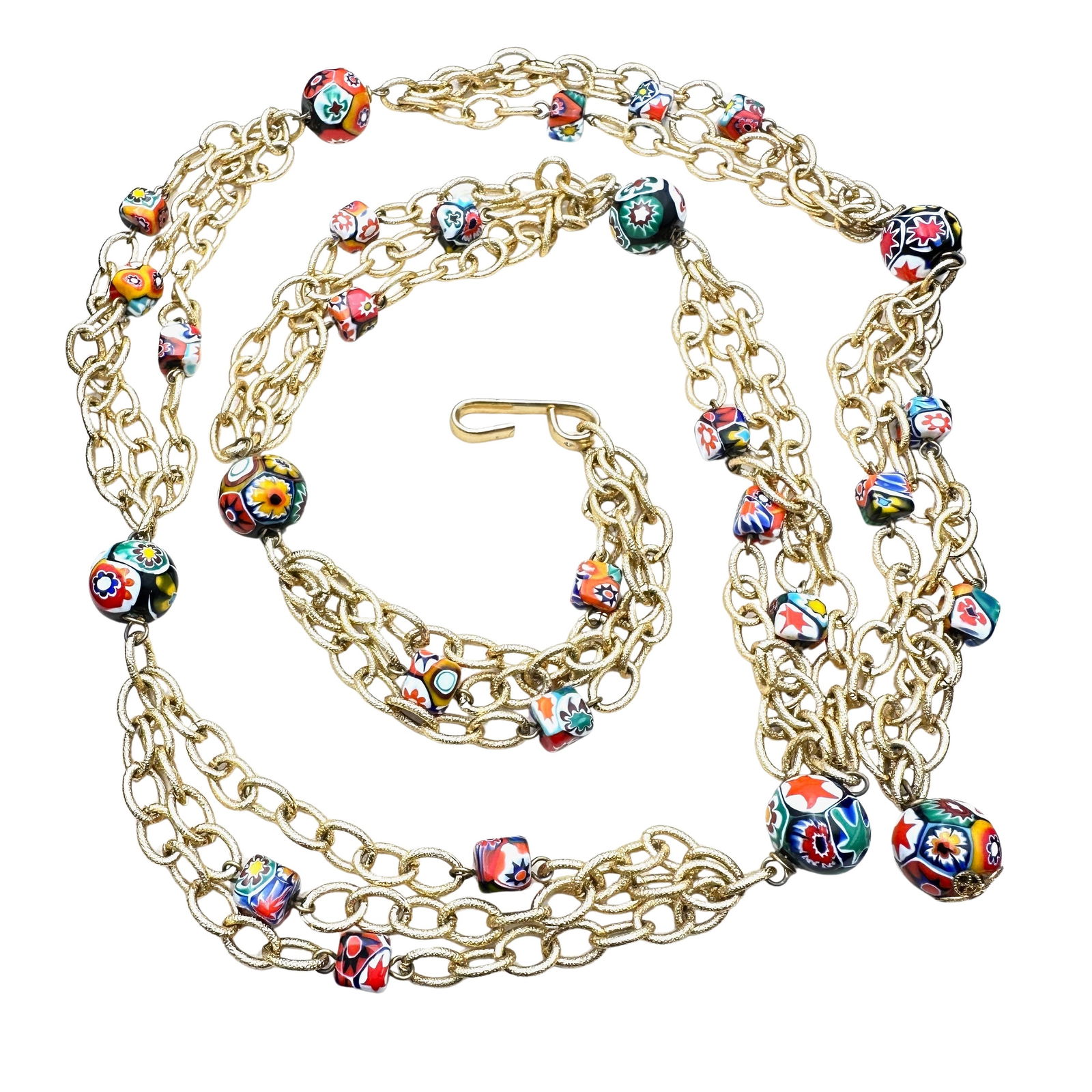 Vintage Italian Murano Millefiore Glass Gold Tone Belt or Long Necklace: Vintage Italian Murano Millefiore Glass Gold Tone Belt or Long Necklace