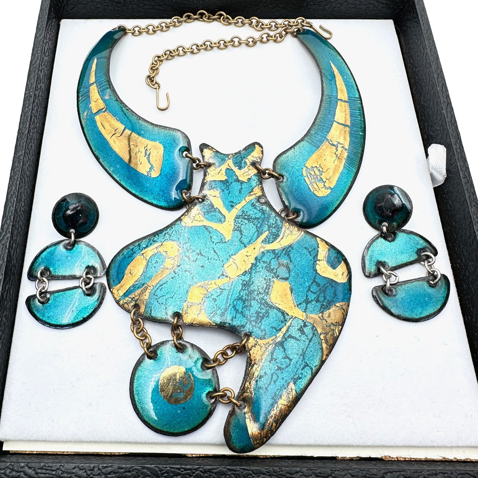 Vintage Artisan Aqua Blue Enamel Statement Necklace And Pierced Earrings (1 of 3)