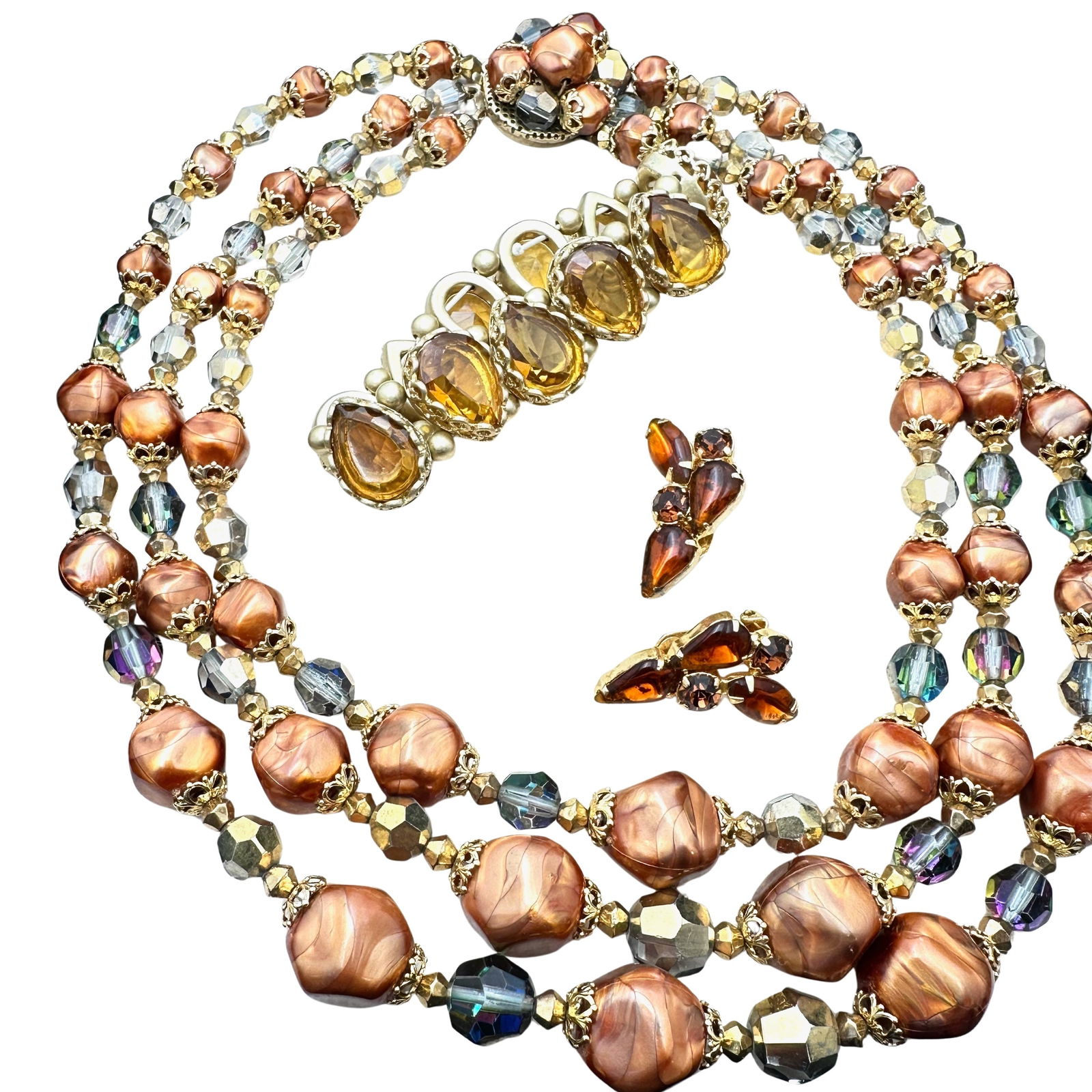 Jewelry Group Vintage Amber Rhinestone Earrings Multi Strand Necklace Bracelet: Jewelry Group Vintage Amber Rhinestone Earrings Multi Strand Necklace Bracelet