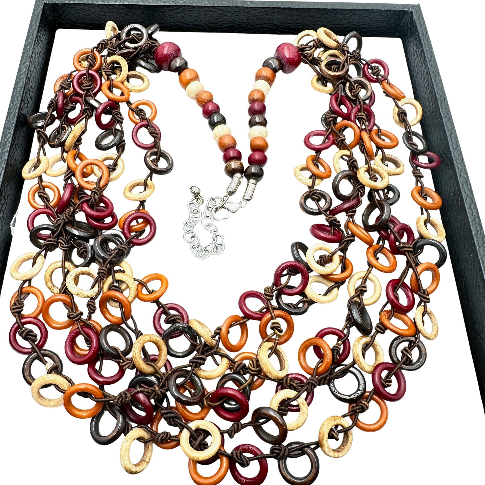 Unusual Wood Bead And Circles Multi Strand Necklace: Unusual Wood Bead And Circles Multi Strand Necklace