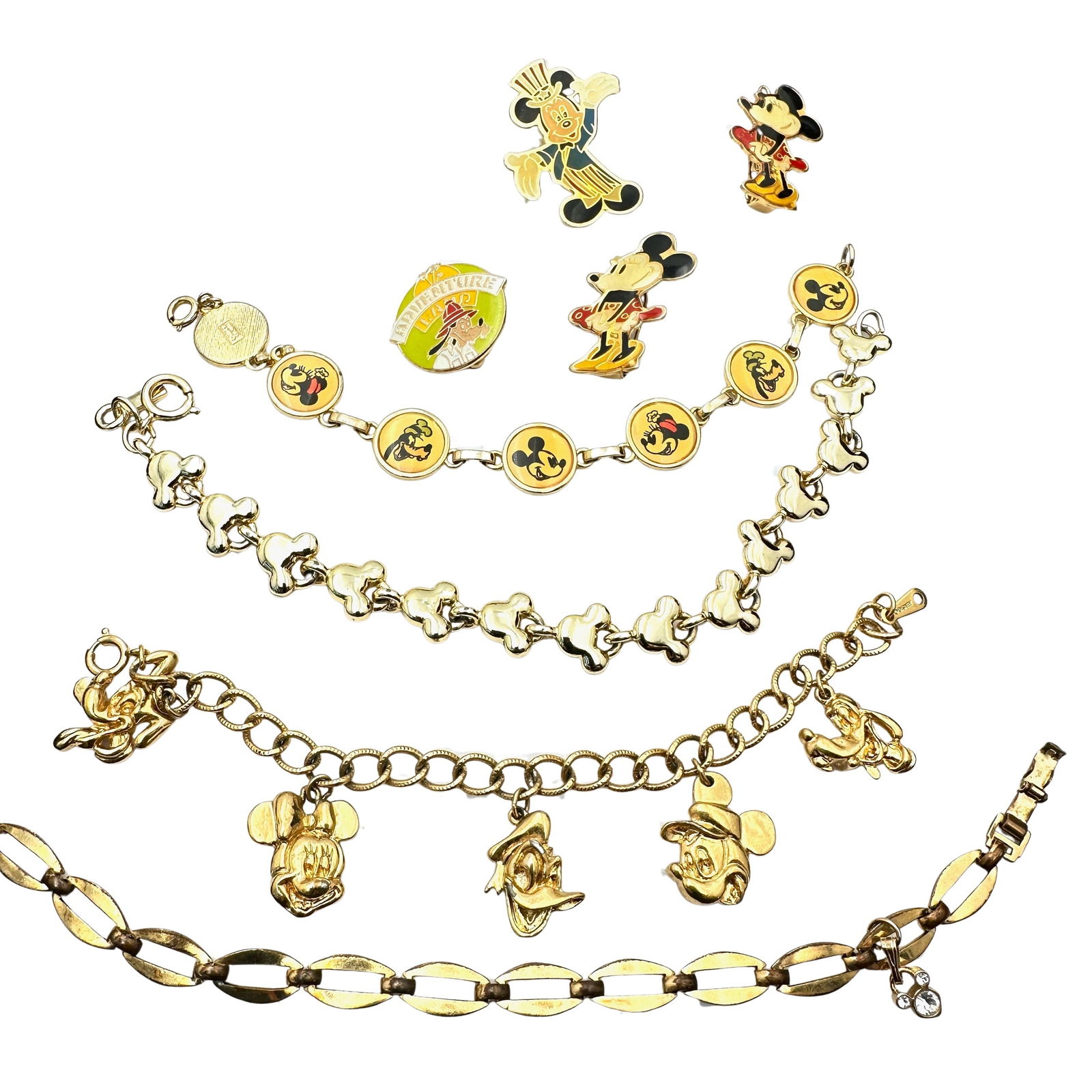 Jewelry Group Vintage Mickey Mouse Disney Pins Earrings Bracelets Gold Tone: Jewelry Group Vintage Mickey Mouse Disney Pins Earrings Bracelets Gold Tone