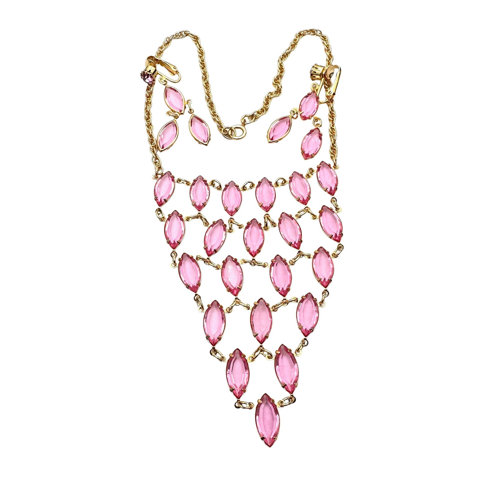 Vintage Bezel Set Pink Crystal Festoon Necklace Clip Earrings Set (1 of 3)