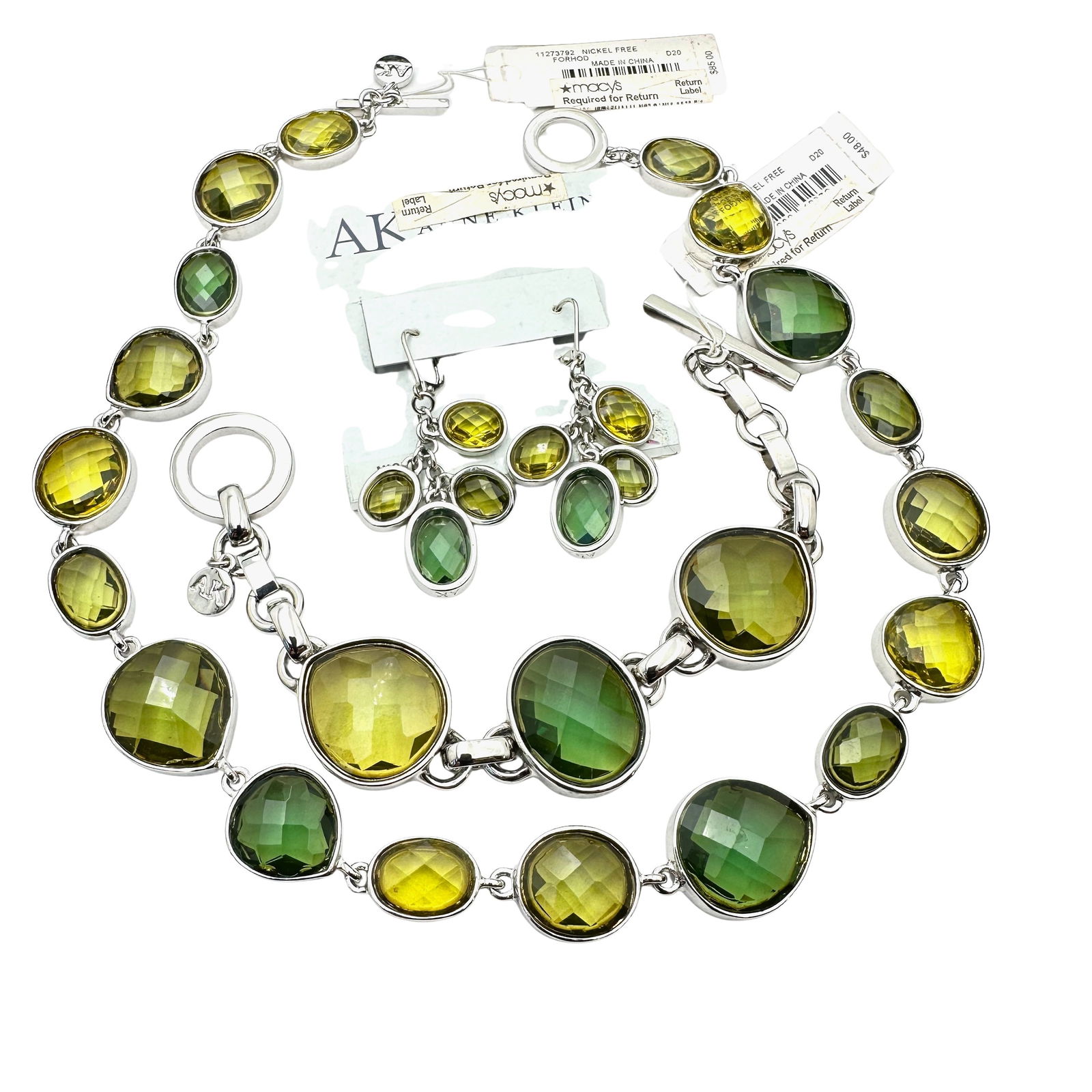 Anne Klein Green Crystal Silver Tone Necklace Bracelet Earrings Set (1 of 3)