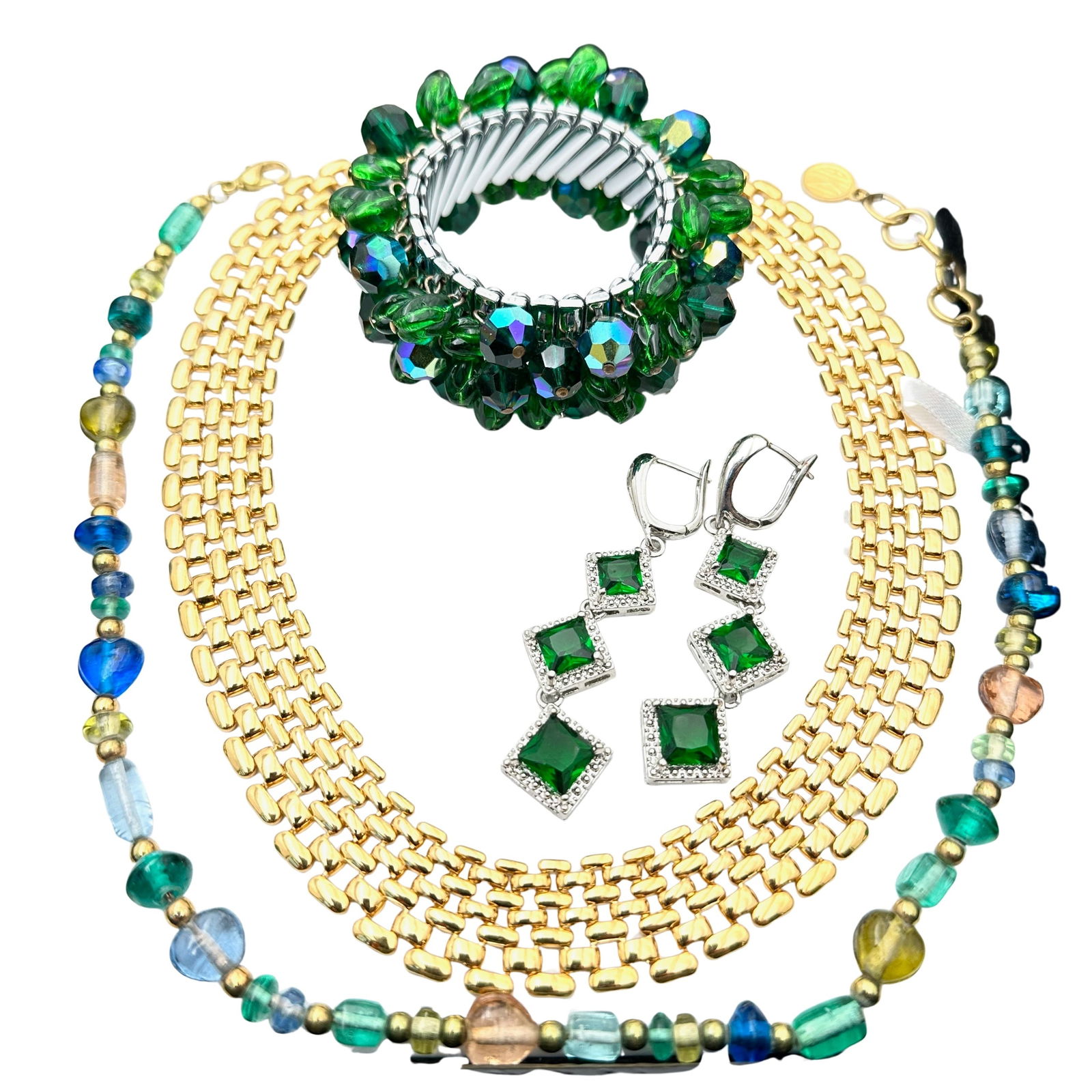 Jewelry Group Anne Klein Green Crystal Pierced Earrings Vintage Cha Cha Bracelet (1 of 3)