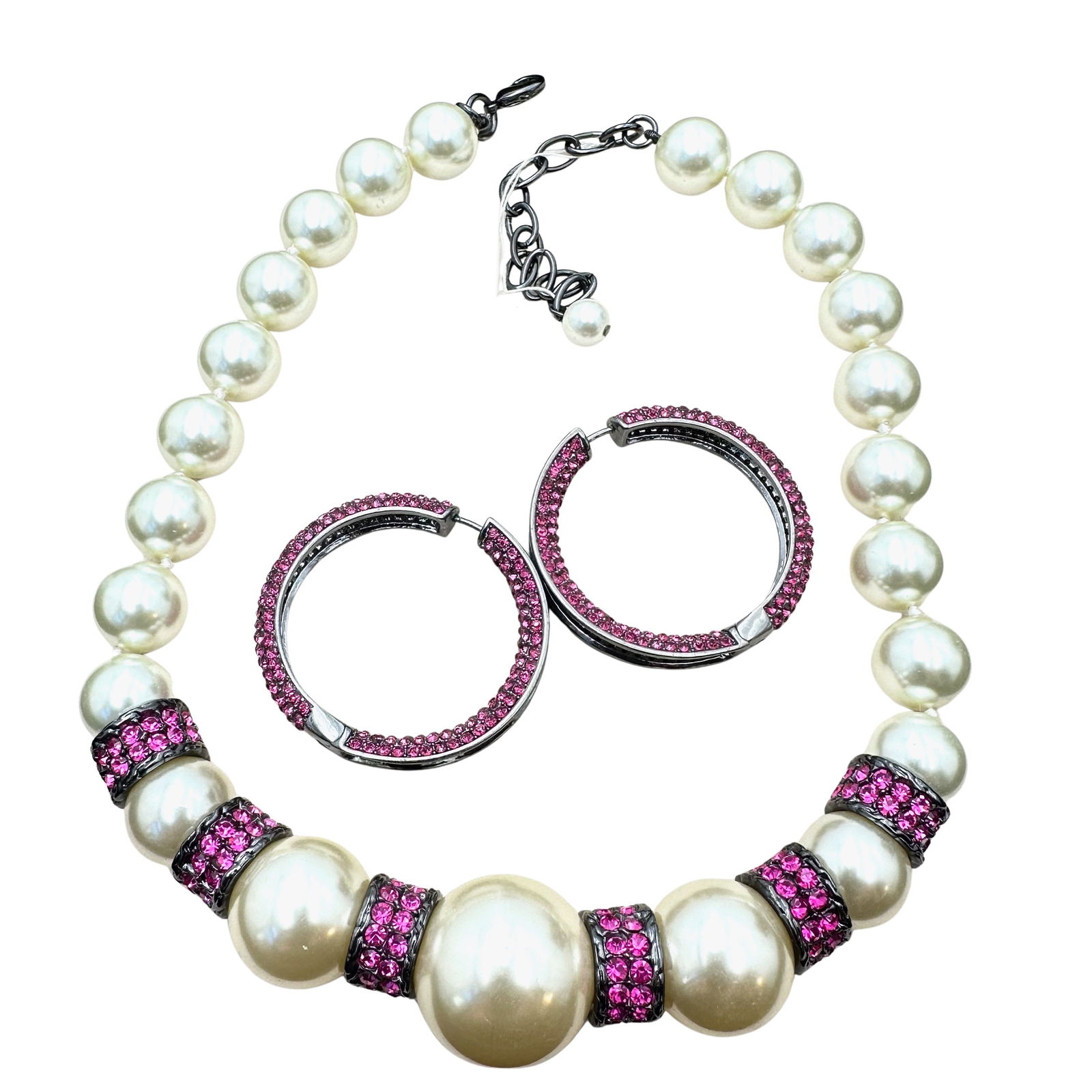 Joan Boyce Hot Pink Crystal Inside Outside Hoop Earrings Faux Pearl Necklace (1 of 3)