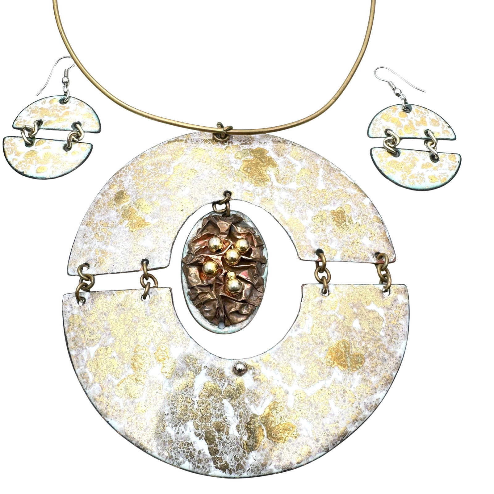 Vintage Brutalist Enamel Large Pendant Necklace Pierced Earrings Set (1 of 2)