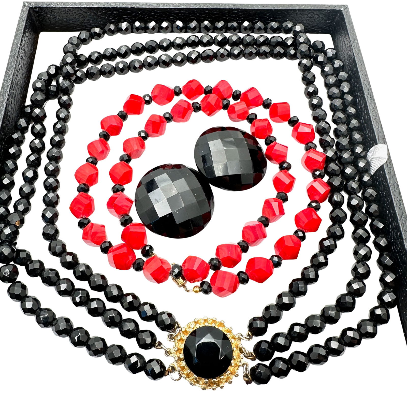Jewelry Group Vintage Black Red Glass Necklaces Clip Earrings (1 of 3)