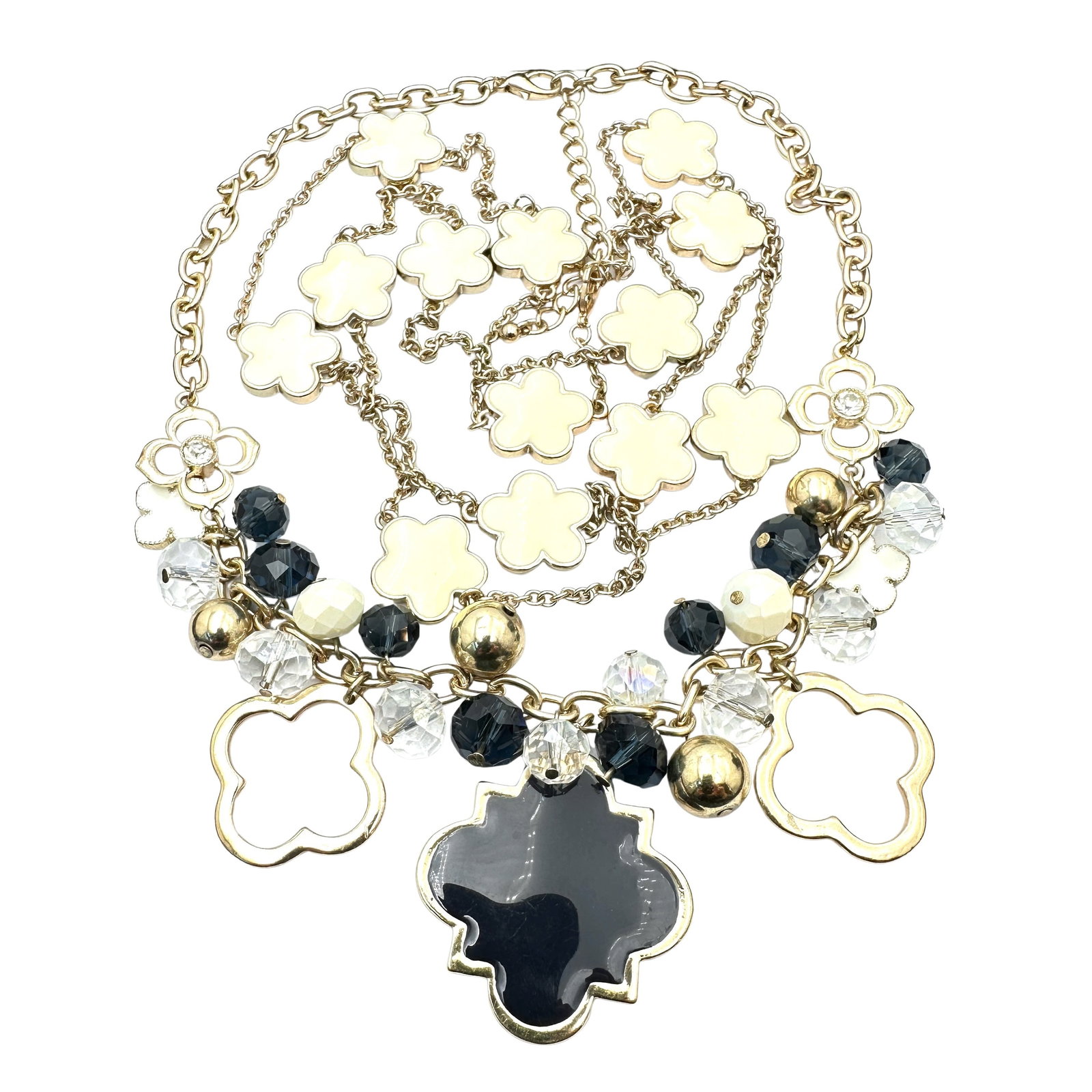 Jewelry Group Navy Blue Off White Gold Tone Quarterfoil Design Necklaces: Jewelry Group Navy Blue Off White Gold Tone Quarterfoil Design Necklaces
