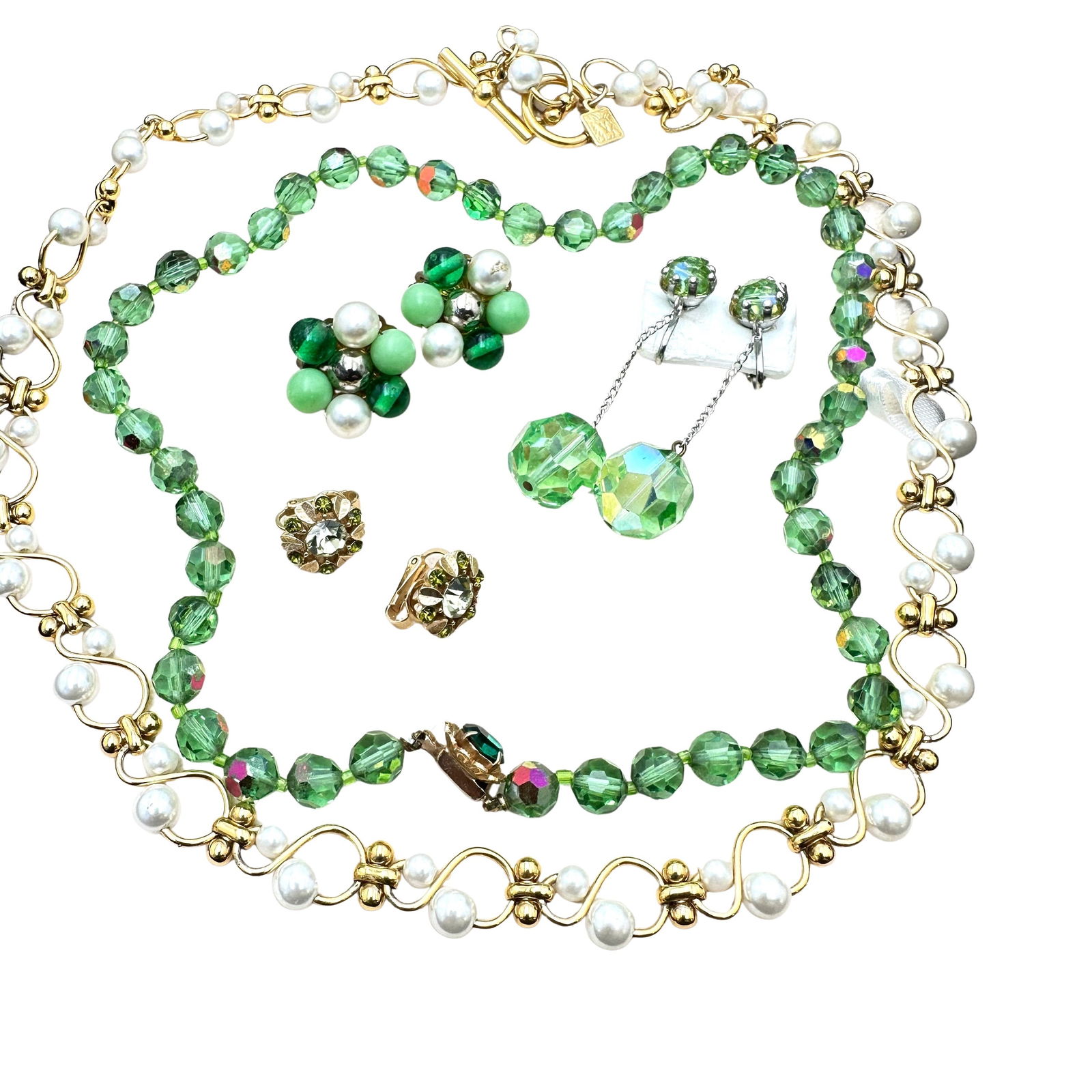 Jewelry Group Vintage Anne Klein Gold tone Necklace Green Crystal Necklace Earrings: Jewelry Group Vintage Anne Klein Gold tone Necklace Green Crystal Necklace Earrings