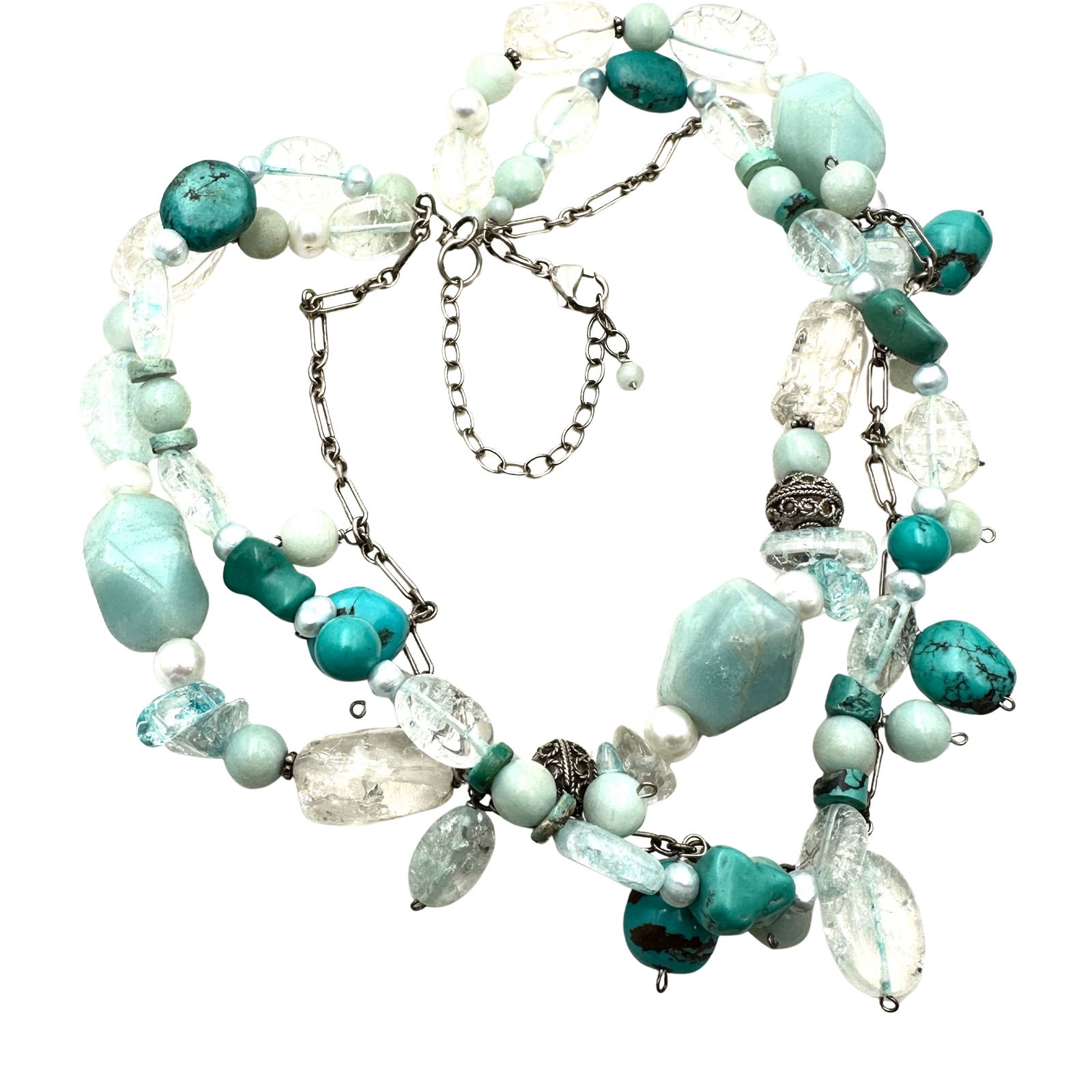 Sterling Silver Aqua Blue Gemstone Turquoise Pearl Necklace 18 Inch: Sterling Silver Aqua Blue Gemstone Turquoise Pearl Necklace 18 Inch