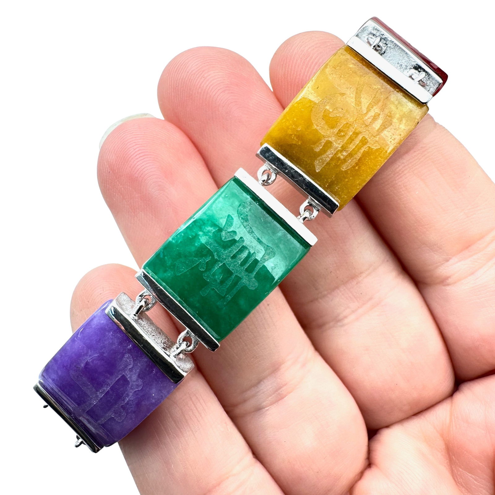 Multicolor Jade Sterling Silver Bracelet Chinese Symbols 41 Grams 7 Inch Length (1 of 2)