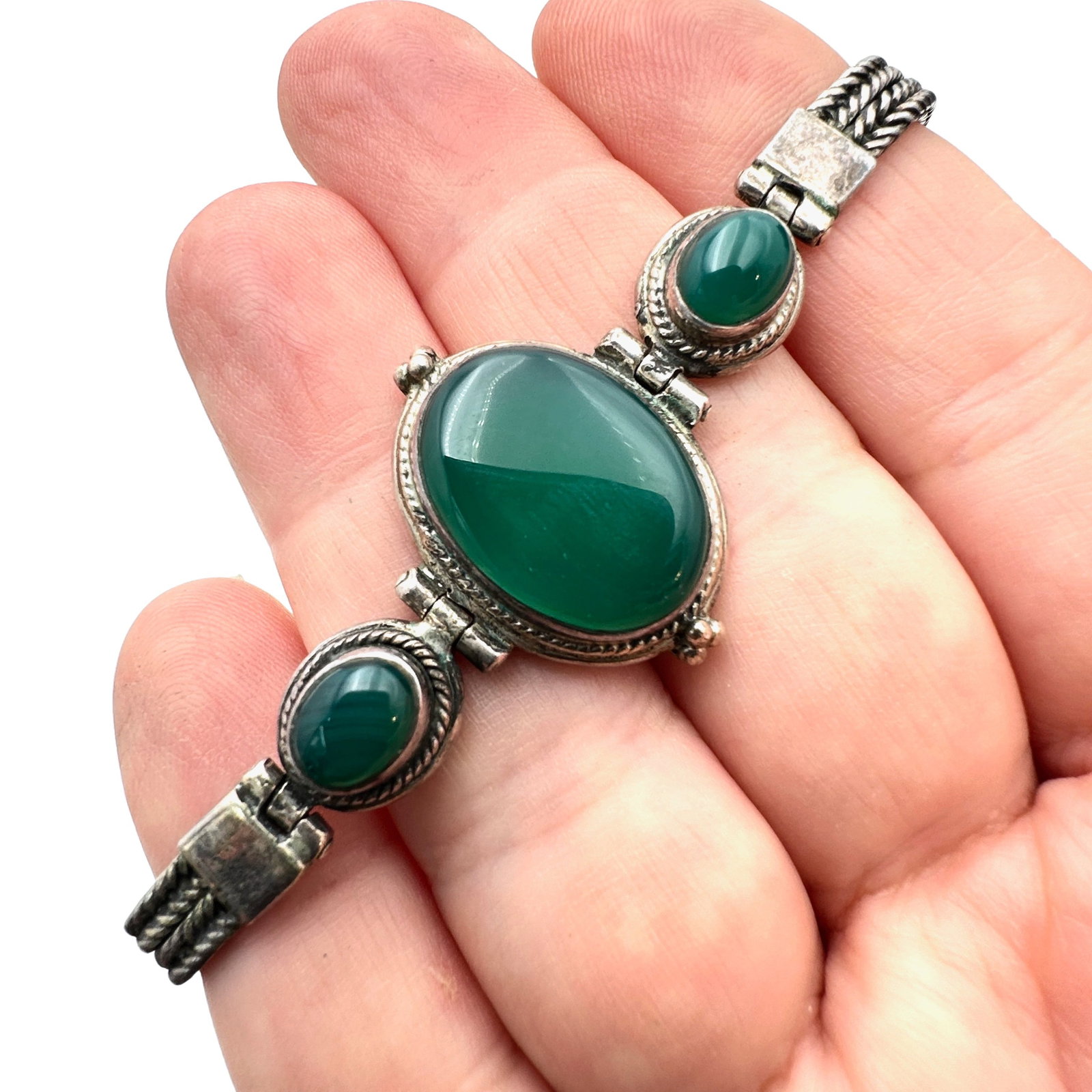 Vintage Sterling Silver Green Chrysophrase Bracelet 7 Inch 18 Grams: Vintage Sterling Silver Green Chrysophrase Bracelet 7 Inch 18 Grams