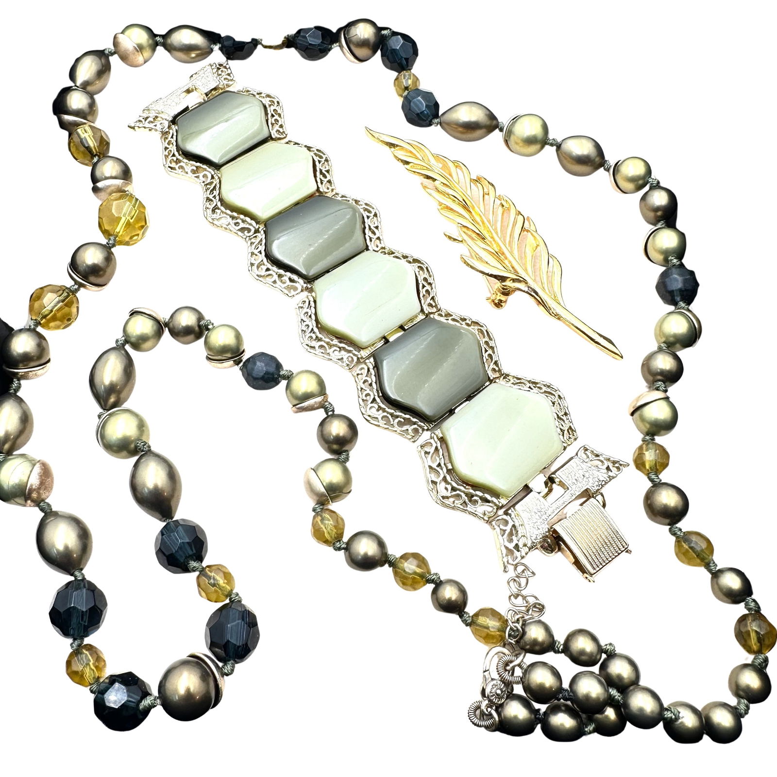 Vintage Jewelry Group Olive Green Lucite Wide Bracelet Crystal Bead Necklace Brooch: Vintage Jewelry Group Olive Green Lucite Wide Bracelet Crystal Bead Necklace Brooch