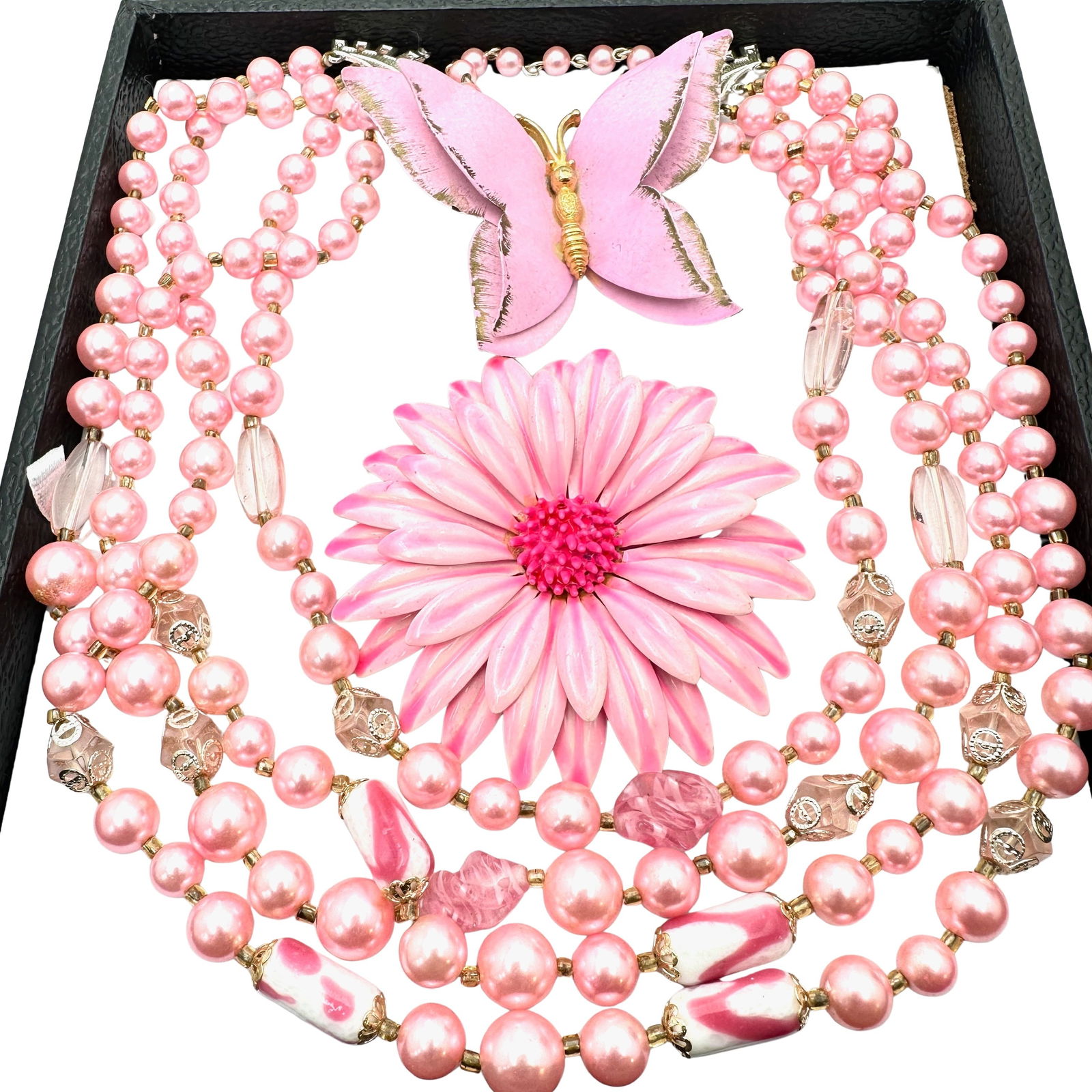 Vintage Jewelry Group Pink Butterfly Brooch Enamel Flower Pin Multi Strand Necklace (1 of 2)