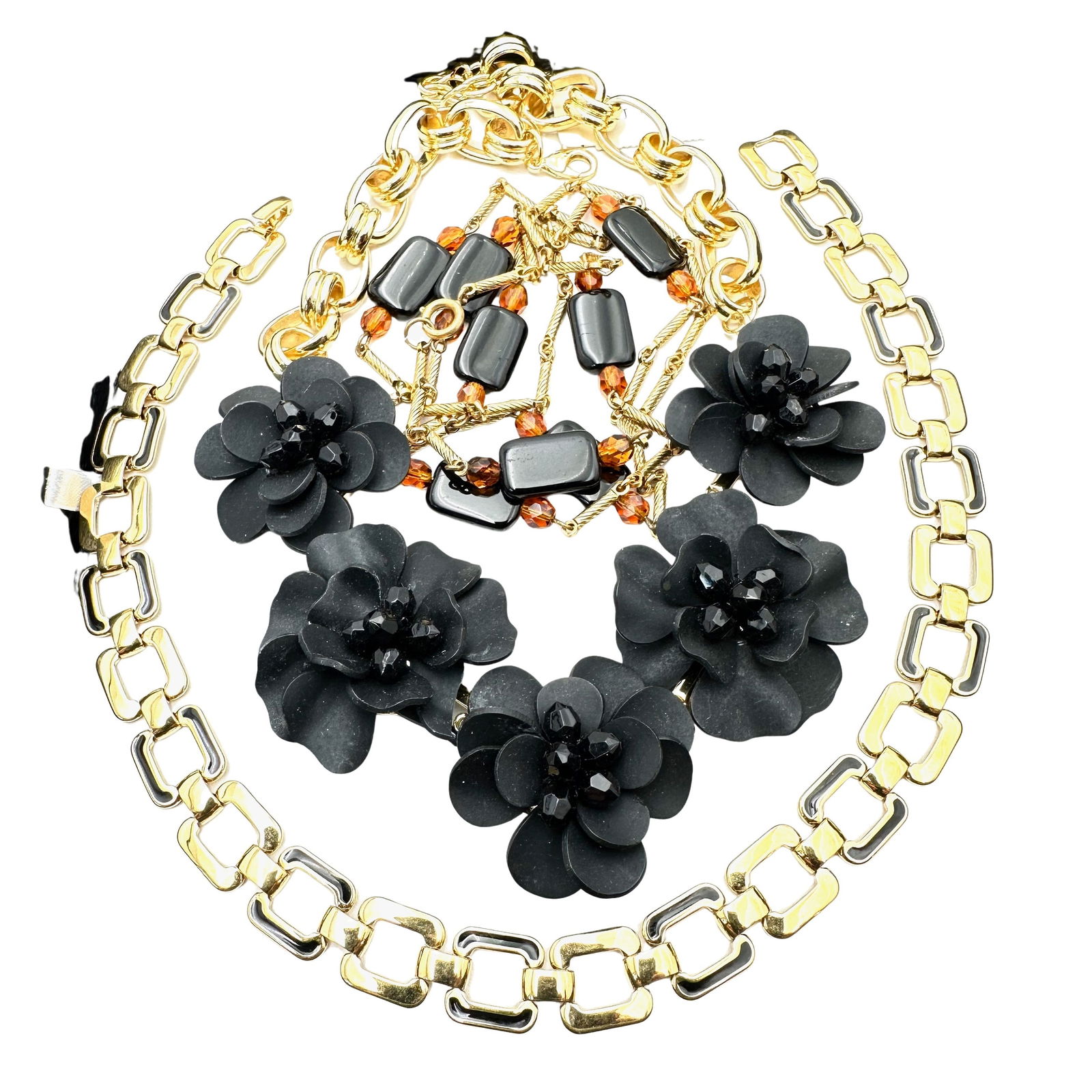 Vintage Jewelry Group Black Gold Flower Statement Necklace Monet Gold Tone (1 of 2)