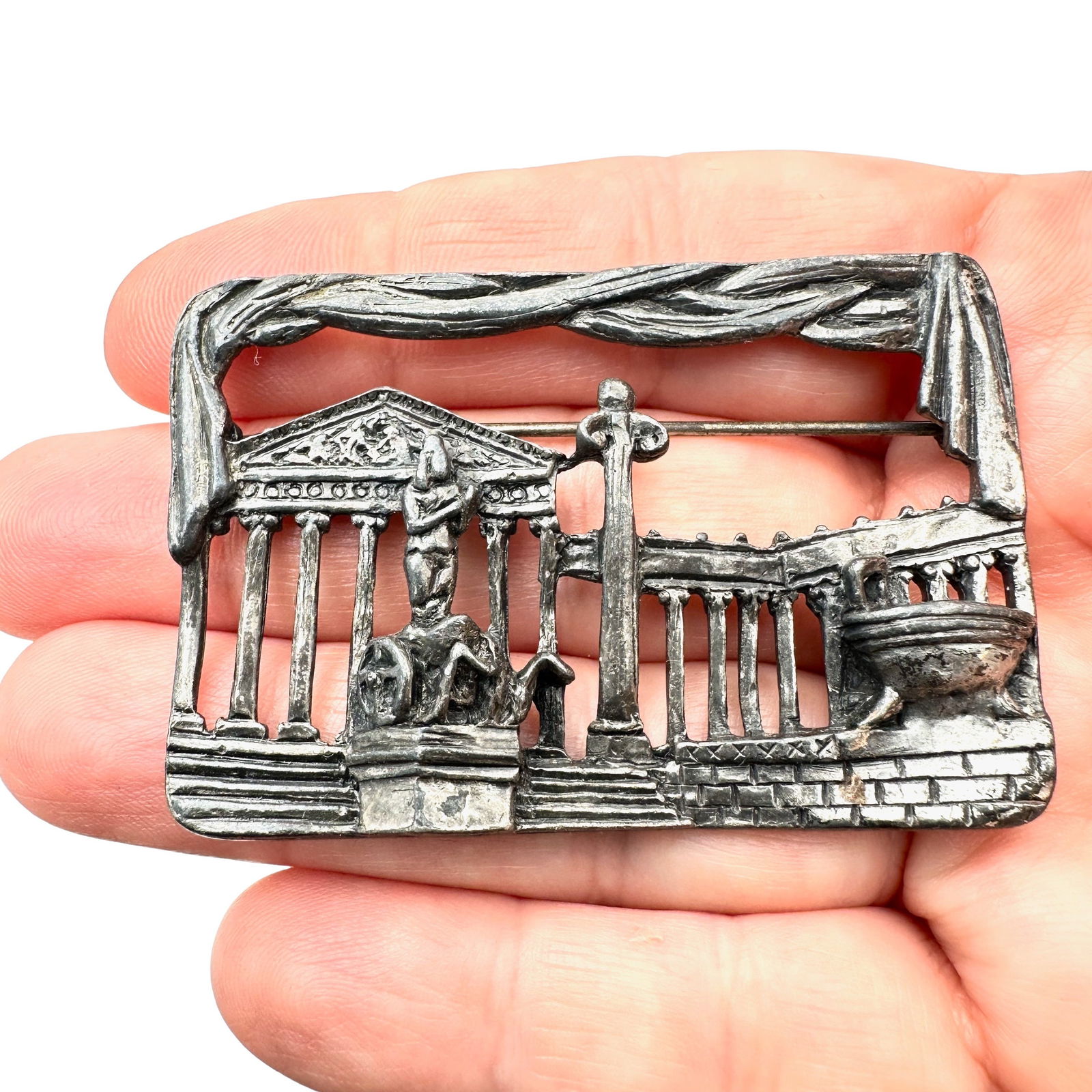Vintage Coro Brooch Silver Tone Temple of Ephesus Greece Pin: Vintage Coro Brooch Silver Tone Temple of Ephesus Greece Pin