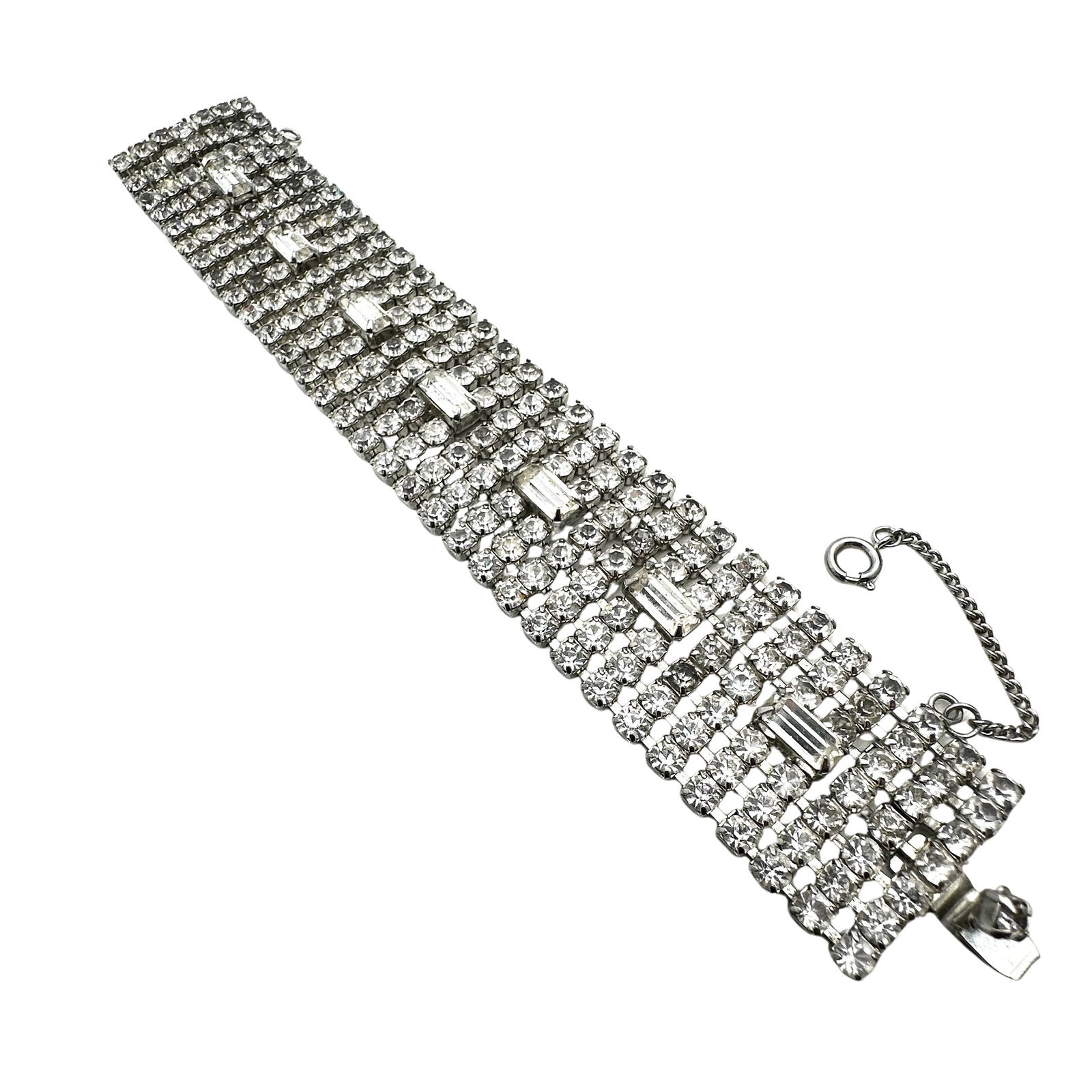 Vintage Weiss Clear Glass Rhinestone Wide Silver Tone Bracelet 6.5 Inch (1 of 2)