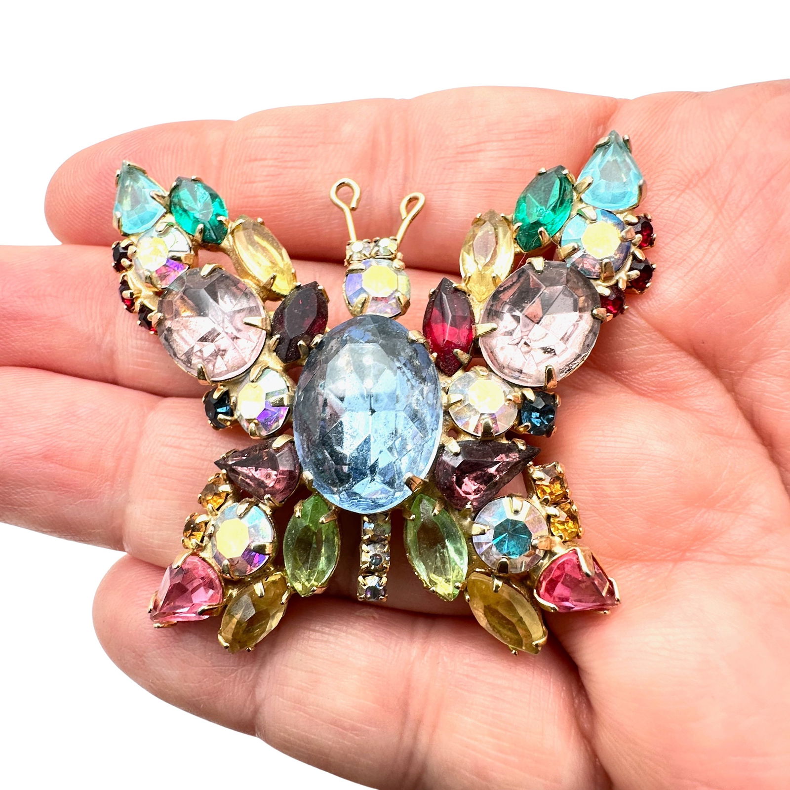 Vintage Glass Pastel Rhinestone Gold Tone Butterfly Brooch 2.5 Inch: Vintage Glass Pastel Rhinestone Gold Tone Butterfly Brooch 2.5 Inch