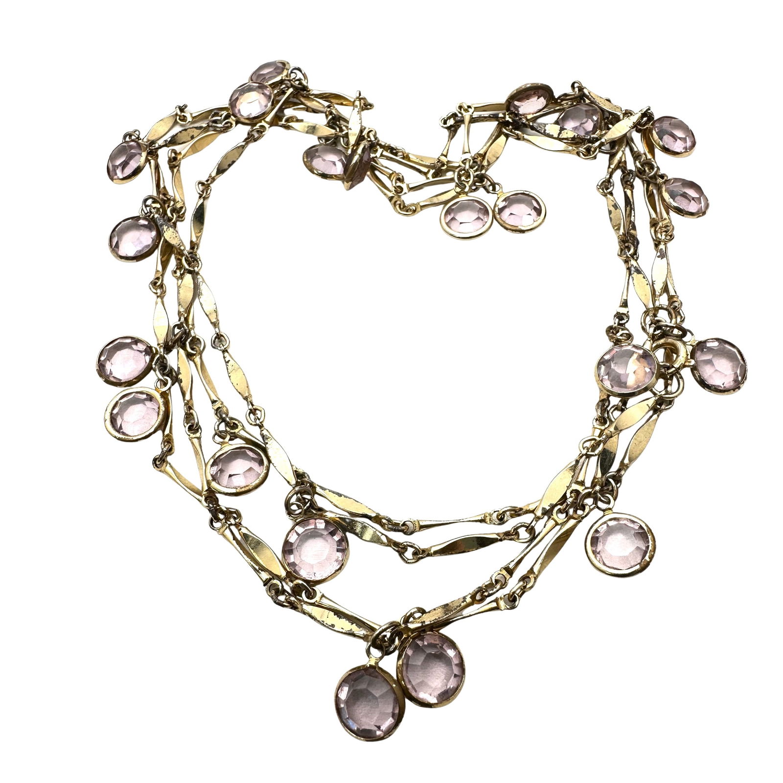 Vintage Light Pink Bezel Set Crystal Gold Tone Necklace: Vintage Light Pink Bezel Set Crystal Gold Tone Necklace