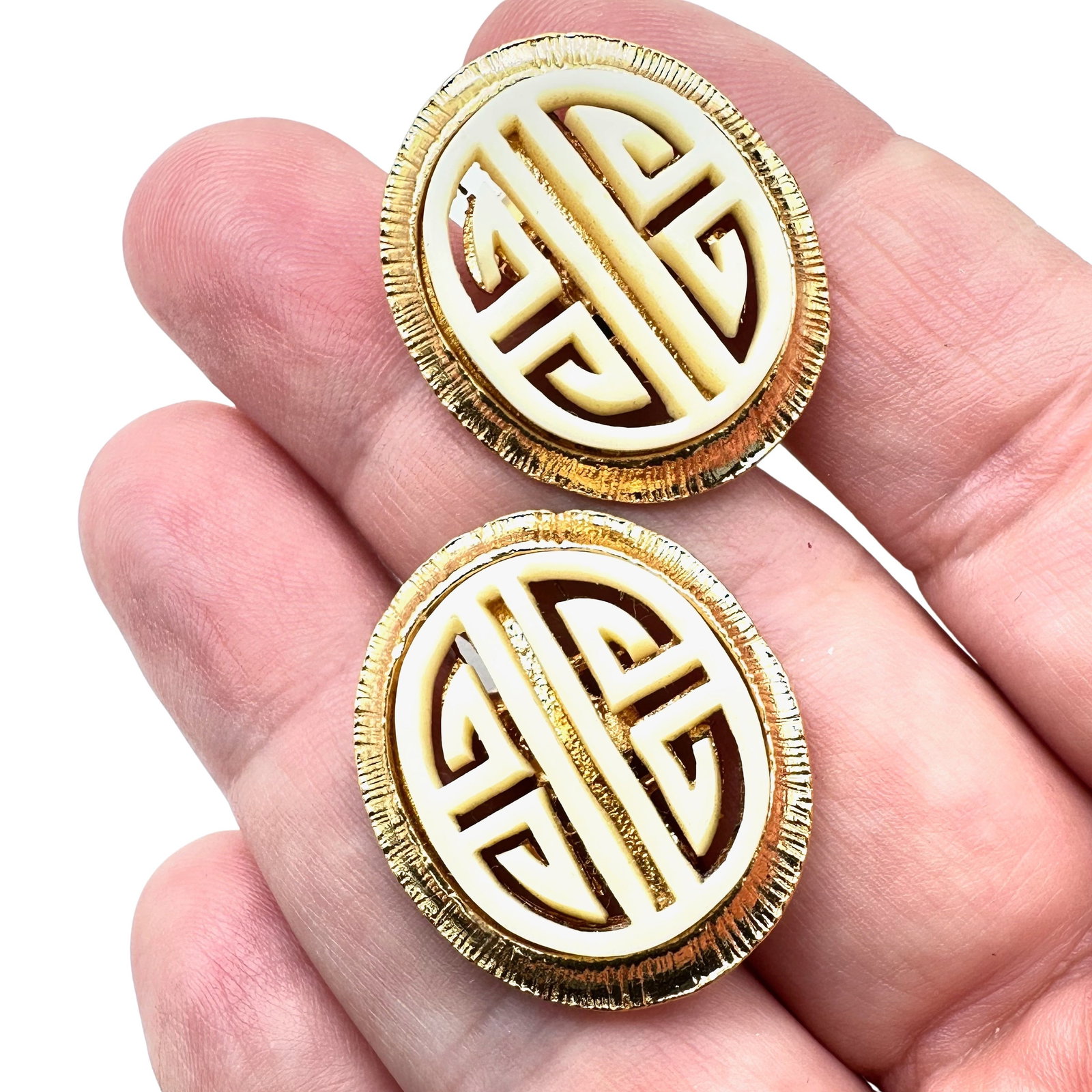 Vintage Vendome Asian Symbol Off White Gold Tone Clip Earrings: Vintage Vendome Asian Symbol Off White Gold Tone Clip Earrings