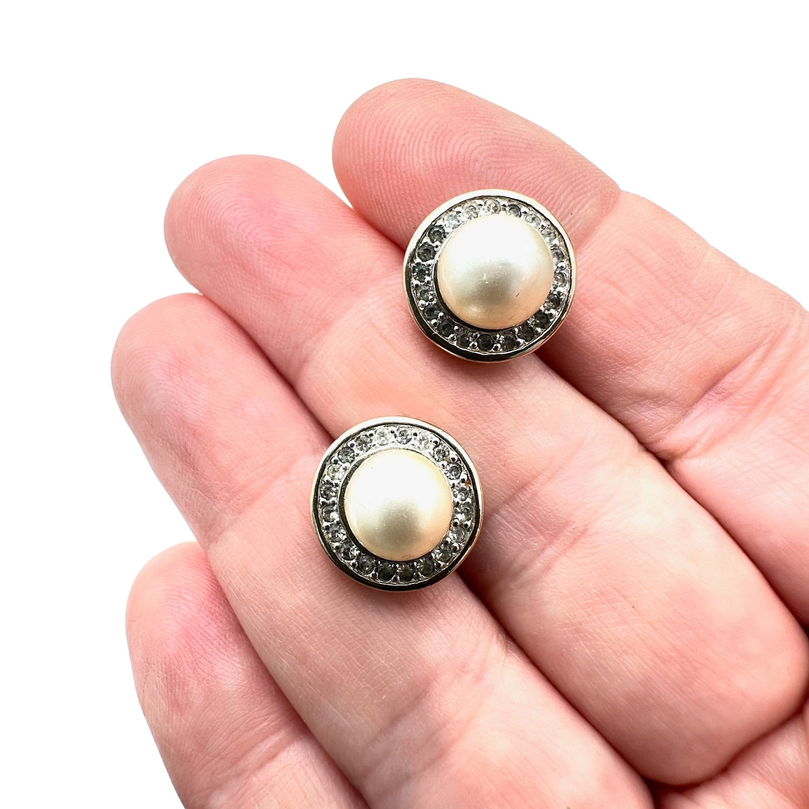 Vintage Panetta Pierced Earrings Faux Pearl Clear Crystal: Vintage Panetta Pierced Earrings
